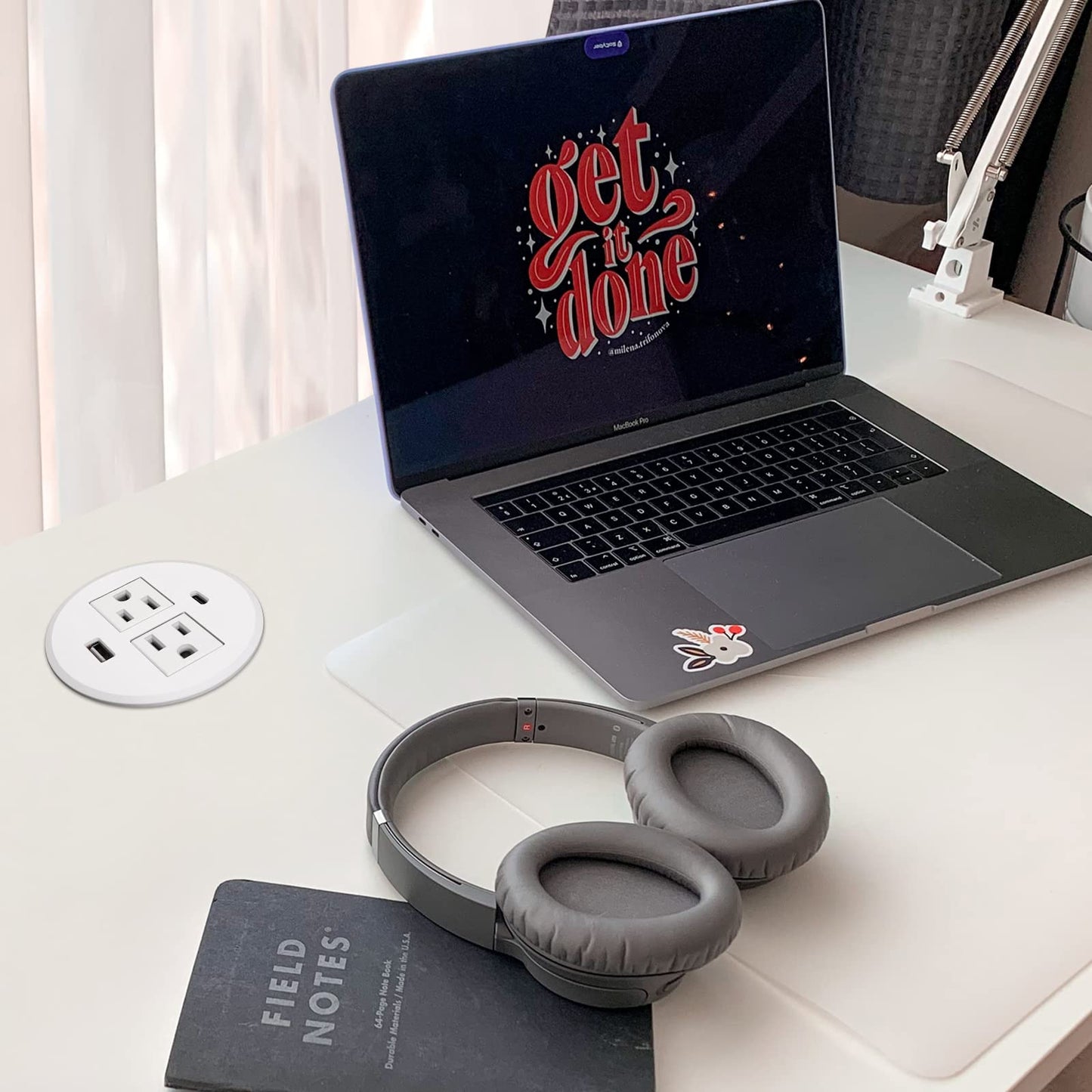 Desk Power Grommet USB C, PD Fast Charge Desktop Power Bar 2 Outlets 2 USB Ports (Total 30W) Recessed Flat Plug Extension Cord Mount into Countertop Shelf Cabinet End Table White
