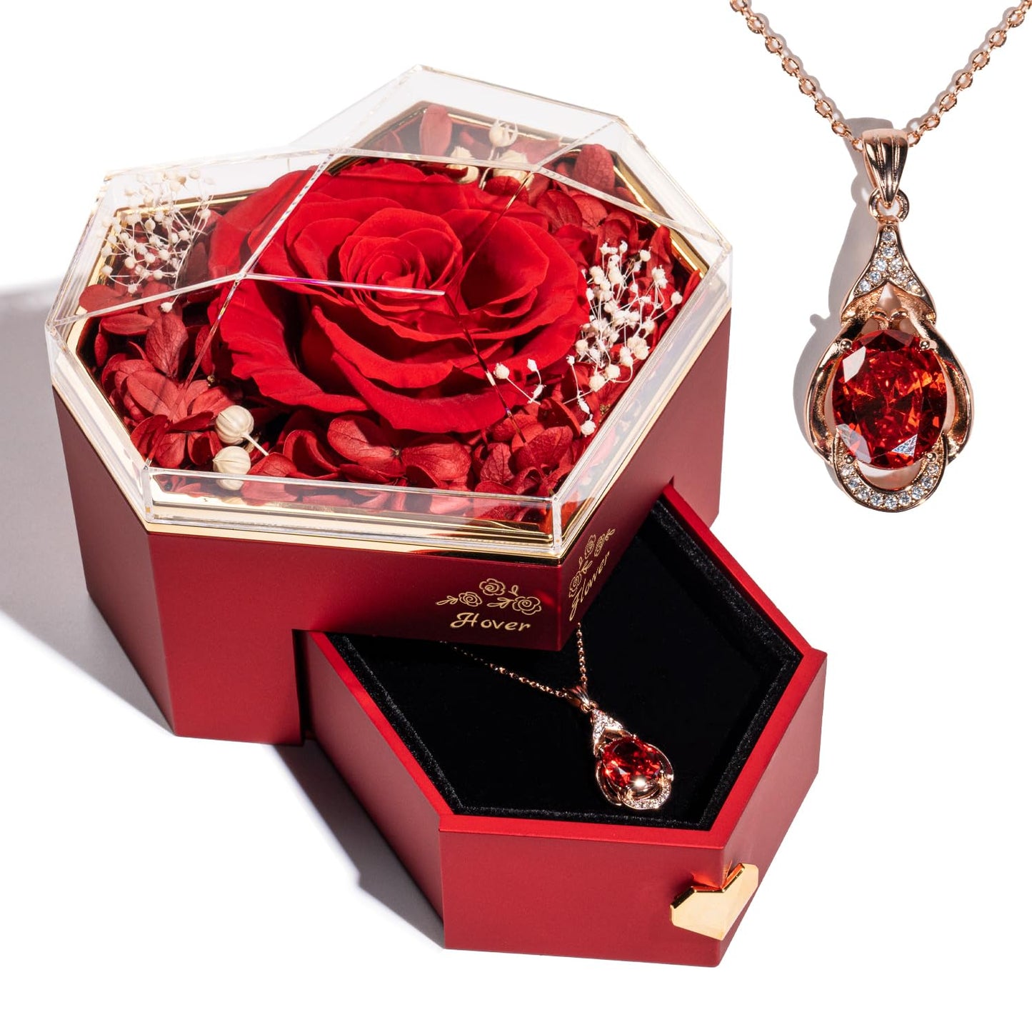 Hover Flower Heart Shape Preserved Real Rose Box Eternal Flowers Gifts with Necklace, Flowers for Delivery Prime, for Girlfriend, Women, Mom, Wife, Gifts Idea, Birthday (Red)
