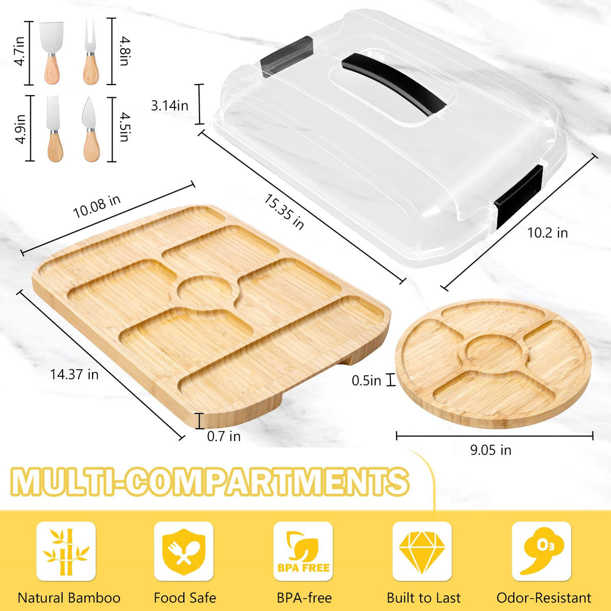 Portable Travel Charcuterie Board with Lid, 2 Sided Covered Cheese Serving Board to Go with 7 Compartments, Bamboo Charcuterie Box Gift Set with Round Fruit Tray for Picnic Travelling Gatherings
