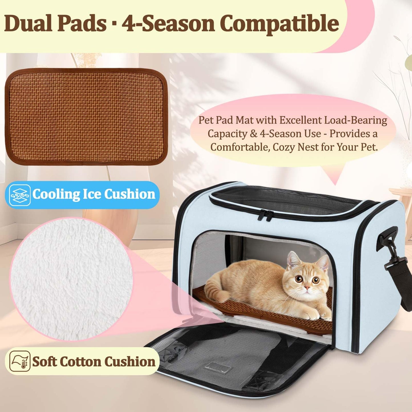 DSDCDJ Cat Carrier Dog Carrier Pet Travel Bag for Small Medium Cats Dogs Puppies up to 15 Lbs, TSA Airline Approved Soft Sided Pet Carrier with Plush Fleece & Cooling Mat, Blue