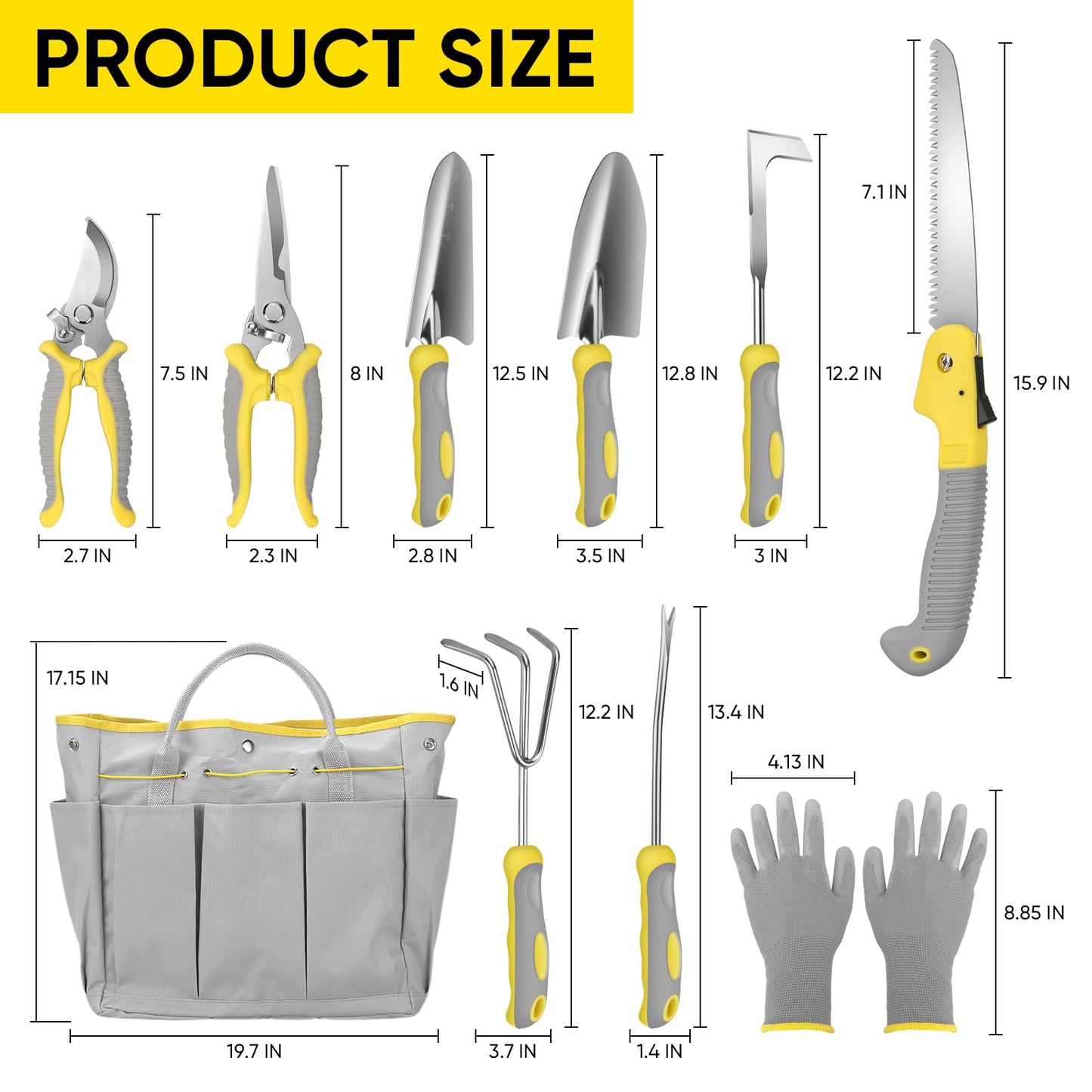 Blumway Garden Tool Sets, 10 Piece Stainless Steel Heavy Duty DIY Gardening Tool Set, for Planting Gardening Use with Carry Bag Gloves, Ideal Garden Gifts for Women Men (Gray)