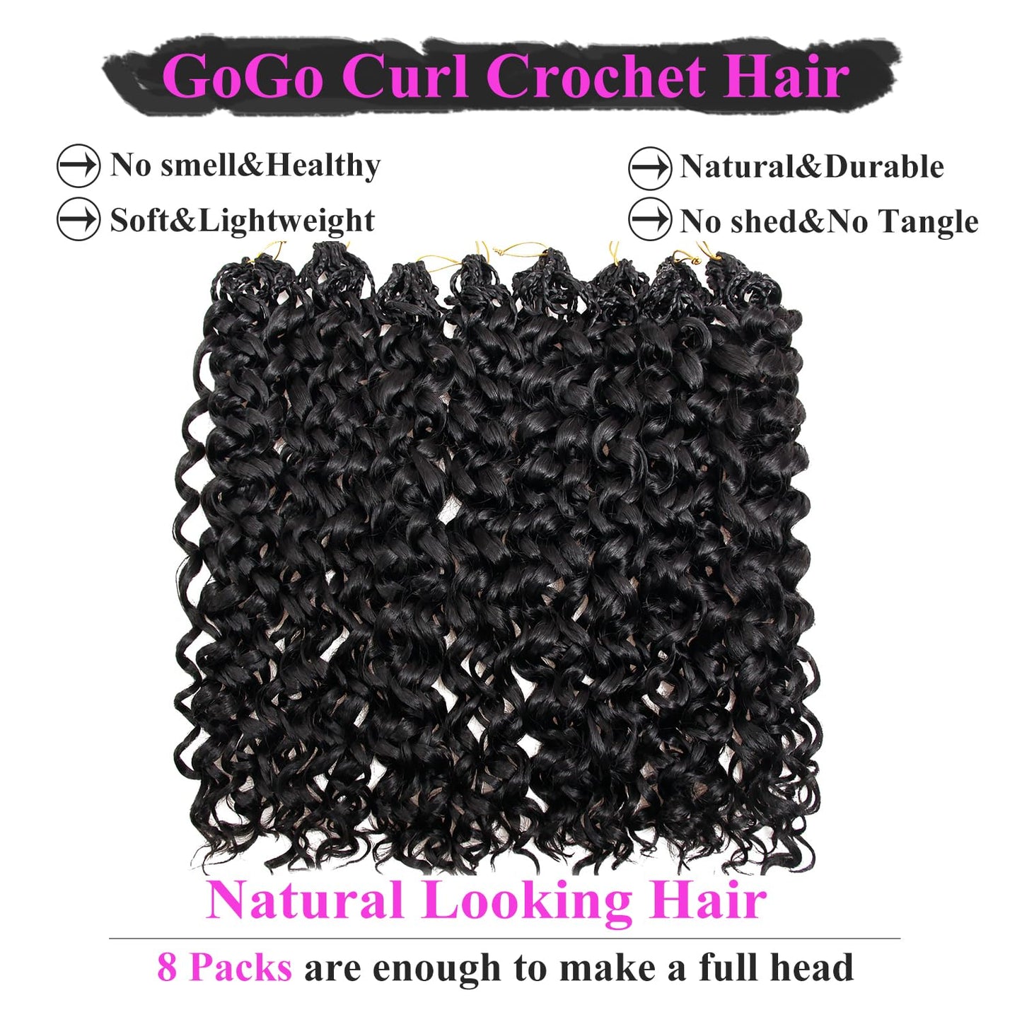 14 Inch Pre Looped Crochet Hair for Black Women - Gogo Curl/Beach Curl/Ocean/Water/Deep Wave Crochet Hair 8 Packs, Synthetic Hair Tangle-Free Natural Look Curly Hair Extensions (1B)