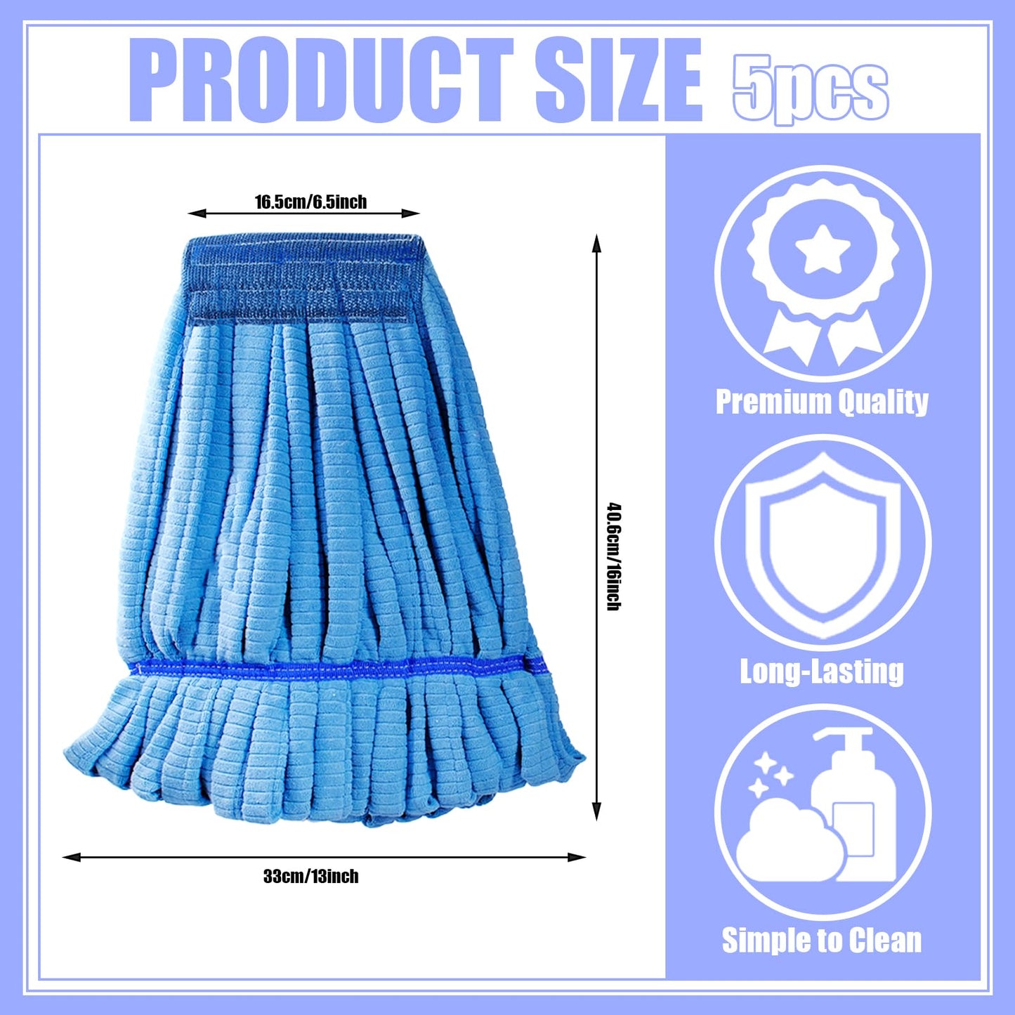 TANEMUDO 5 Pcs Commercial Mop Head Replacement Tube Microfiber Mop Heads with Looped End Large Commercial Mop Head Refill for Wet Floor Cleaning in Industrial Commercial and Home Use (Blue)