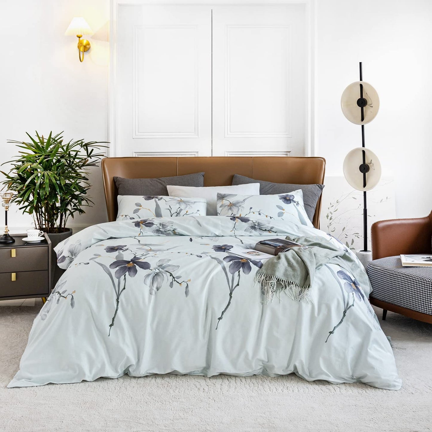 YuHeGuoJi Grey Flower Duvet Cover King 100% Egyptian Cotton Light Blue Botanical Duvet Cover Set 3 Pcs 1 Floral Leaves Print Duvet Cover with Zipper Ties 2 Pillowcases Soft Plant Bedding Breathable
