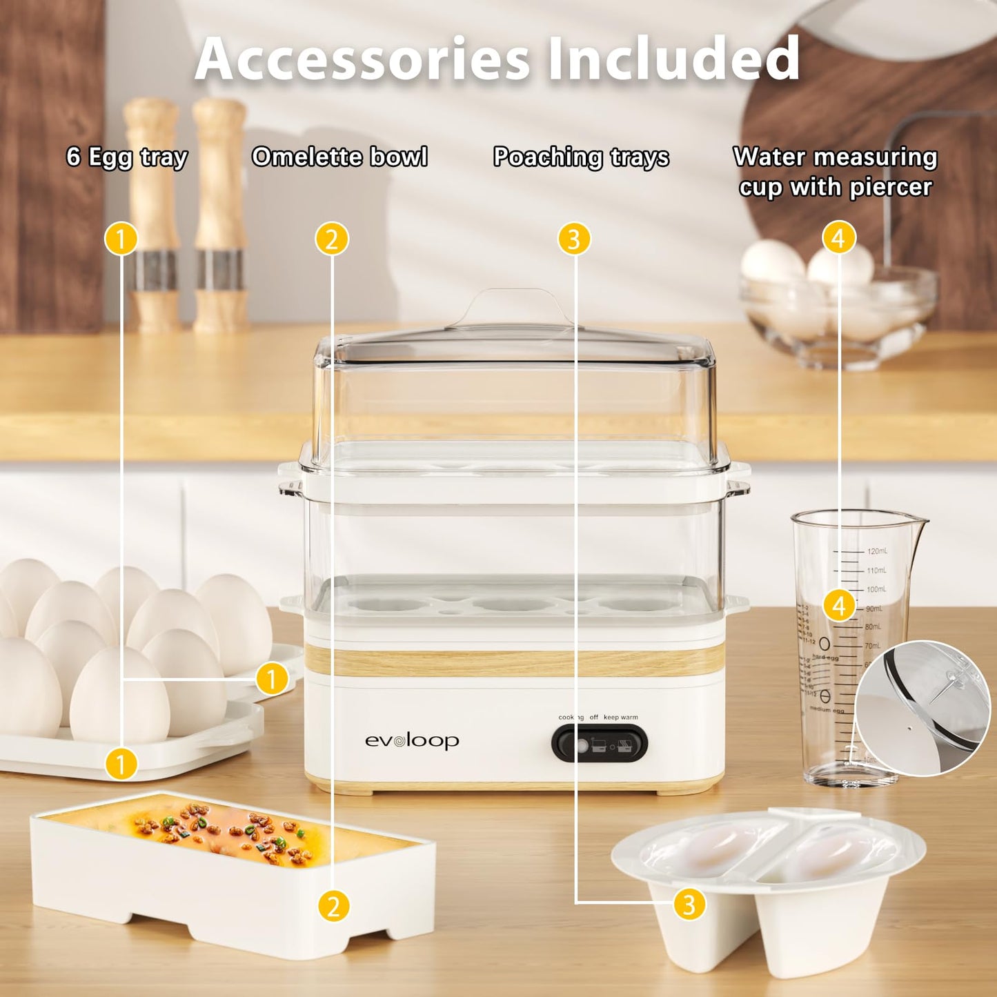 Evoloop Rapid Egg Cooker Electric 12 Eggs Capacity, Soft, Medium, Hard Boiled, Poached, Omelet Maker Egg Poacher & Vegetable Steamer, BPA Free Tray(white)