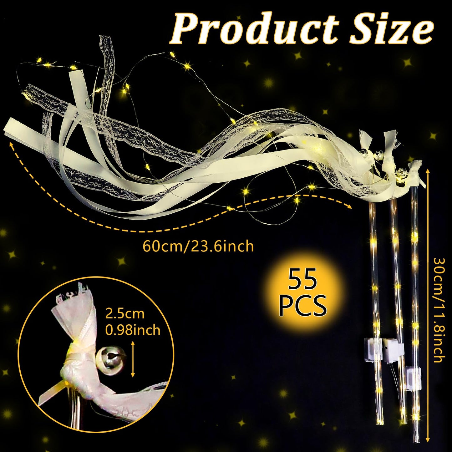 55Pcs Wedding Wands Ribbon Streamers with 3 Colorful Flashing Modes Wedding Streamers Light Up Fairy Ribbon-Wands White Glow Sticks with Bells Lighted Wedding Wands LED Light up Wands for Wedding