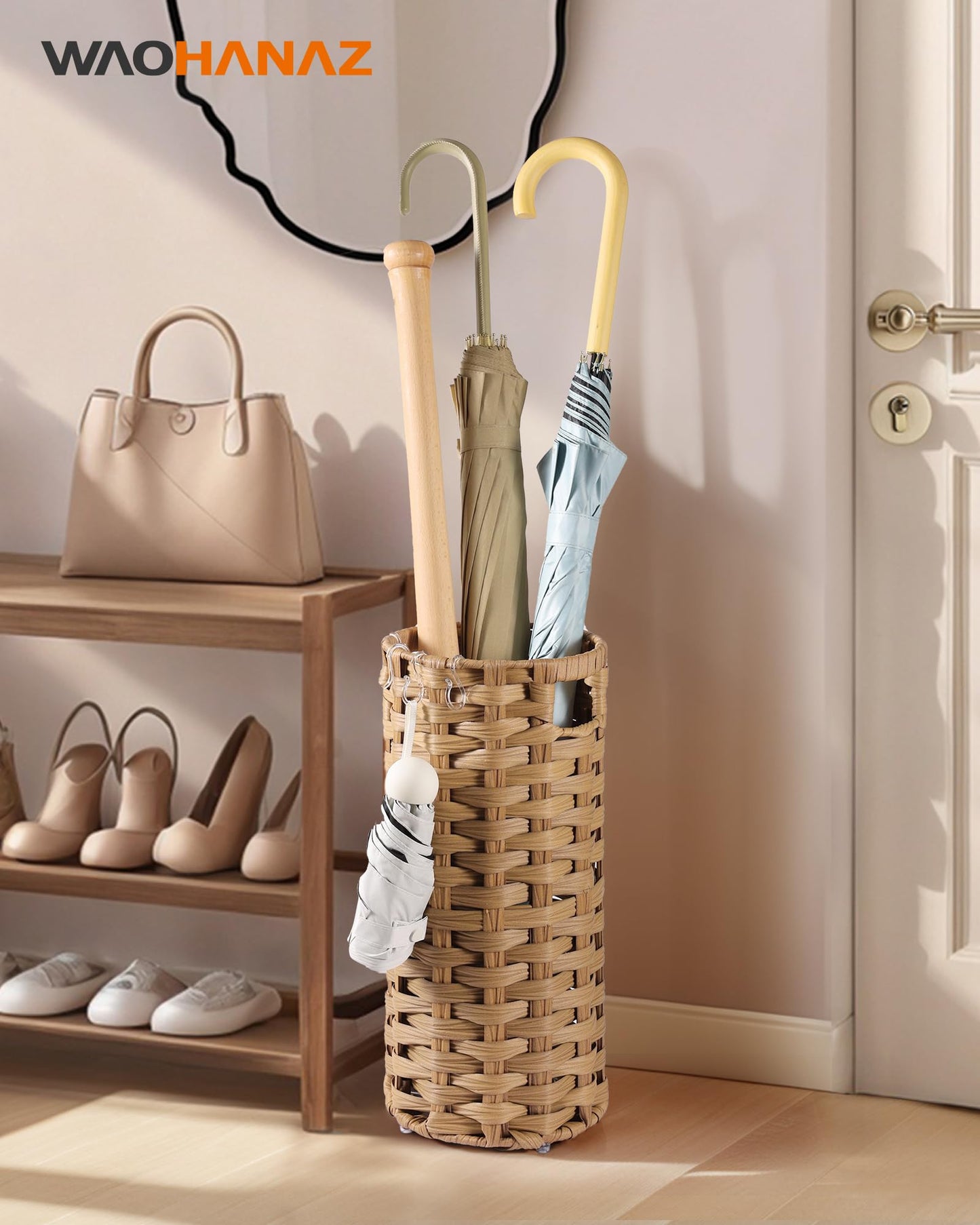 WAOHANAZ Rattan Umbrella Stand, Umbrella Holder for Entryway, Hand Woven Umbrella Rack Organizer Freestanding, with a Detachable Drip Tray, 4 Hooks, 7.5" L x 7.5" W x 16.5" H