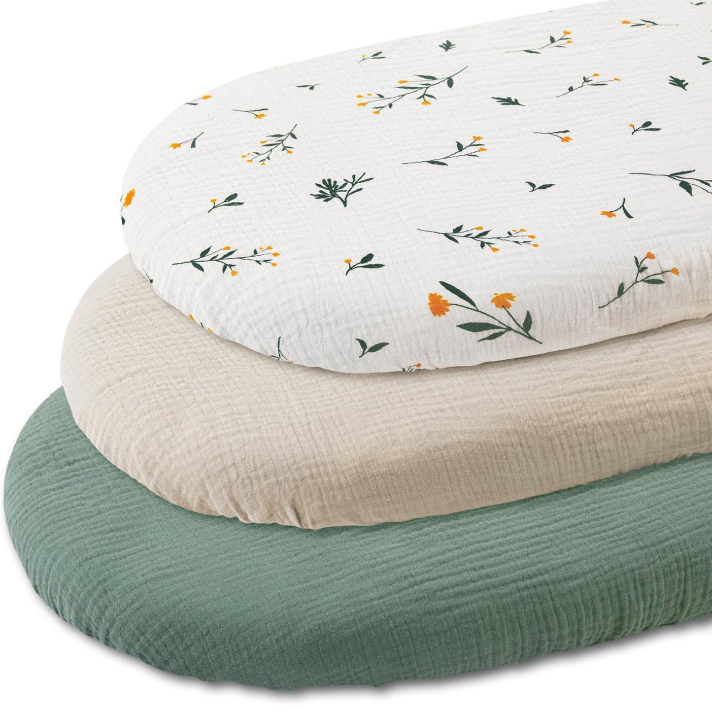 Gllquen Baby Muslin Bassinet Sheets 3 Pack, Breathable Elastic Cozy Fitted Cotton Bassinet Mattress Sheet for Baby Boy Girls, Fit for Hourglass Oval Rectangular Cradle Pad Sheets 33"x17" (Green)
