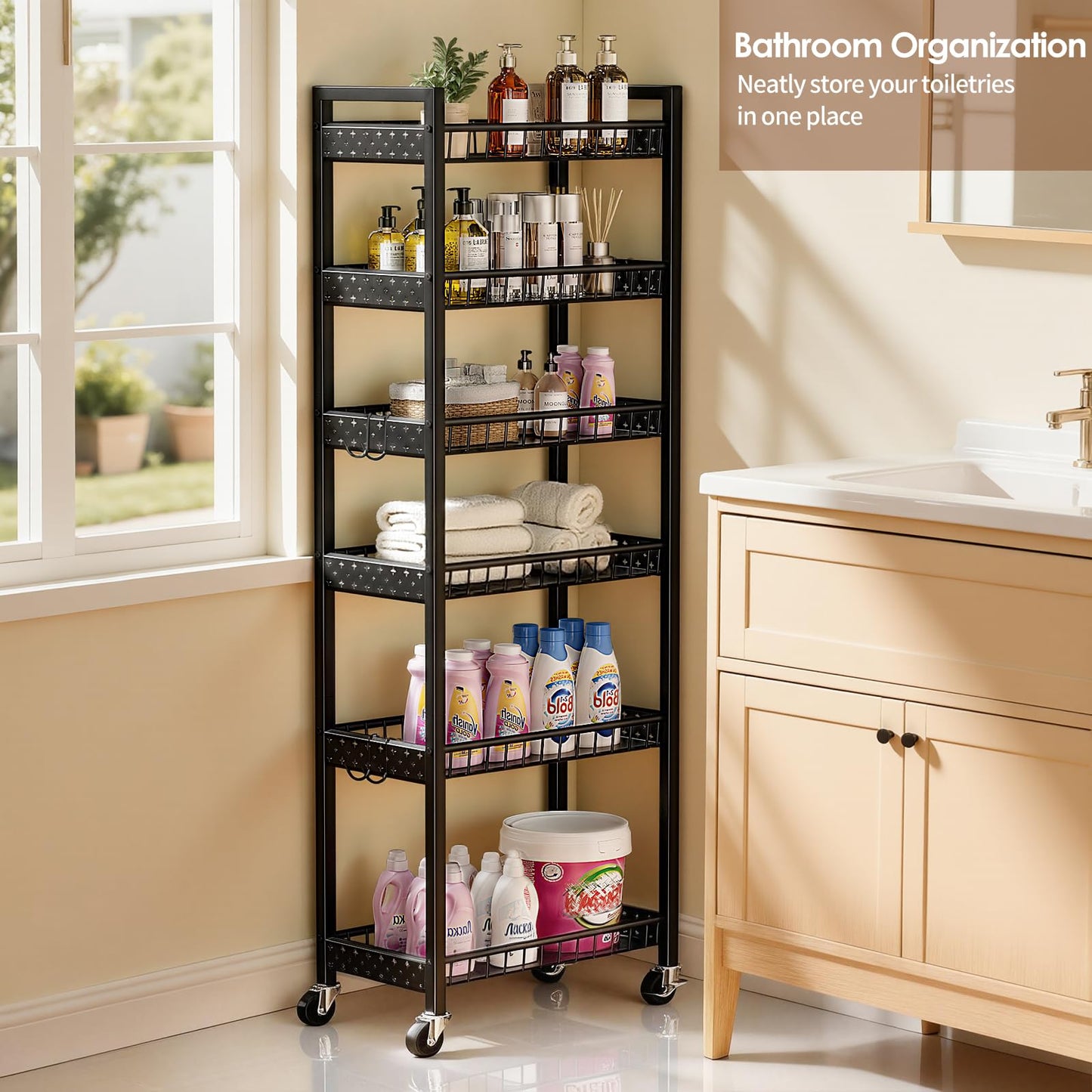 Kssiaz 6 Tier Slim Storage Cart, Narrow Rolling Cart with Wheels, Narrow Mobile Utility Shelf Unit Organizer for Kitchen, Bathroom, Laundry Room, Living Room, Small Places, 10in(W), Black