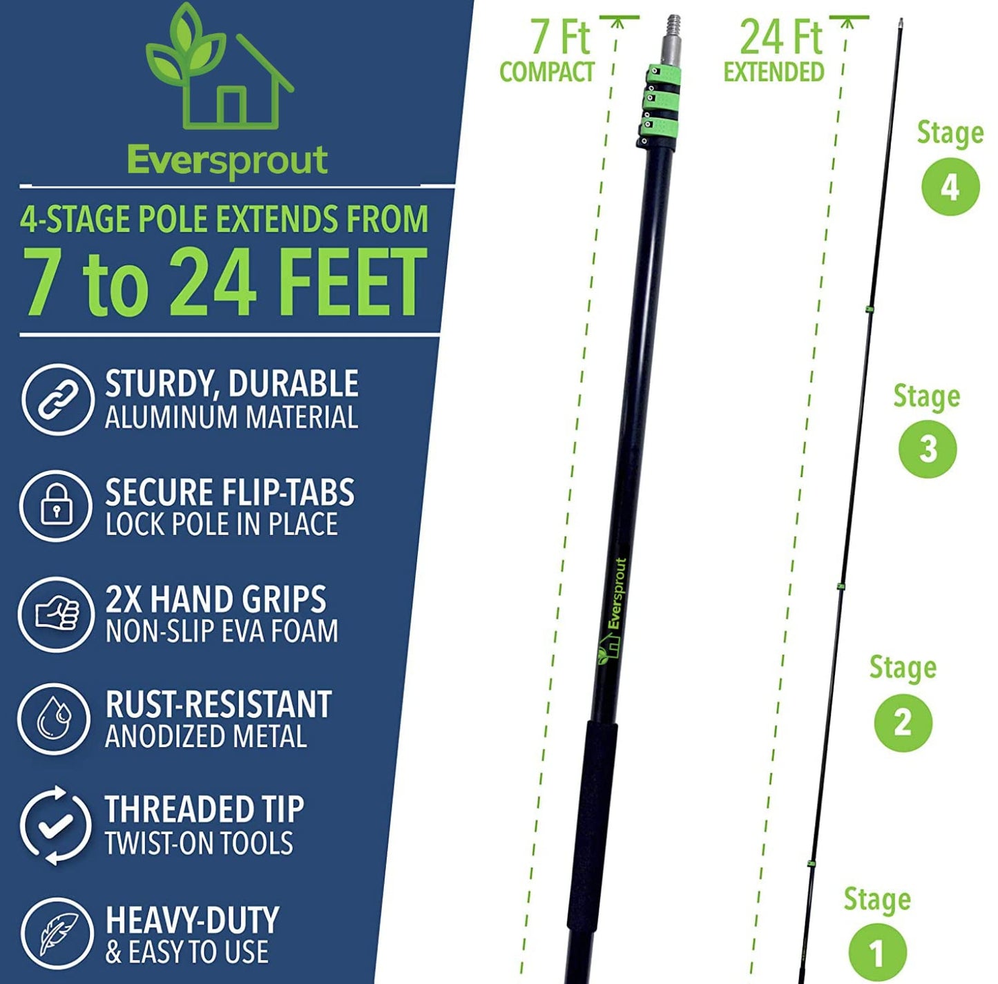 EVERSPROUT 7-to-24 Foot Telescopic Extension Pole (30 Foot Reach) | Heavy Duty, Rust-Resistant Aluminum | 3/4” Thread Tip Works for Twist-On Squeegee, Duster, Paint Roller, Bulb Changer (Pole only)