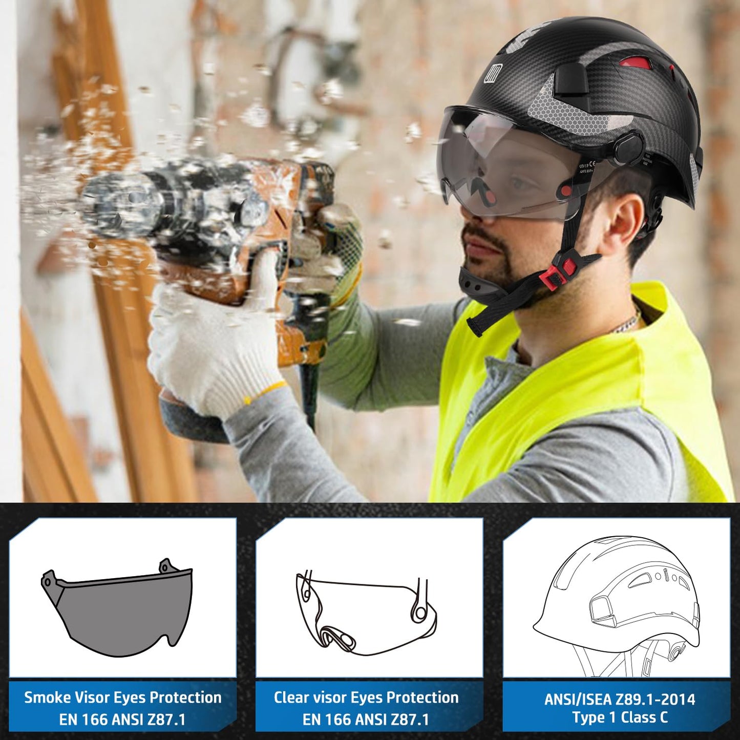 UM ULTRAMAXX Safety Helmet with Build-in Visor, Hard Hat with Vented Design, ANSI Z89.1 Certified, Ideal for Industrial and Construction (Black Carbon Fiber)