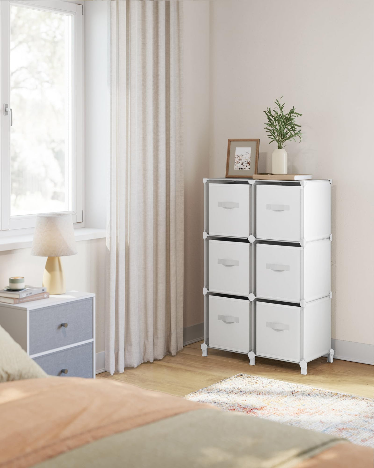 SONGMICS Cube Storage Organizer with Storage Boxes, 6-Cube Organizer, 6 Collapsible Non-Woven Fabric Bins, Customizable, Space-Saving, Living Room, Cloud White ULPC062W06