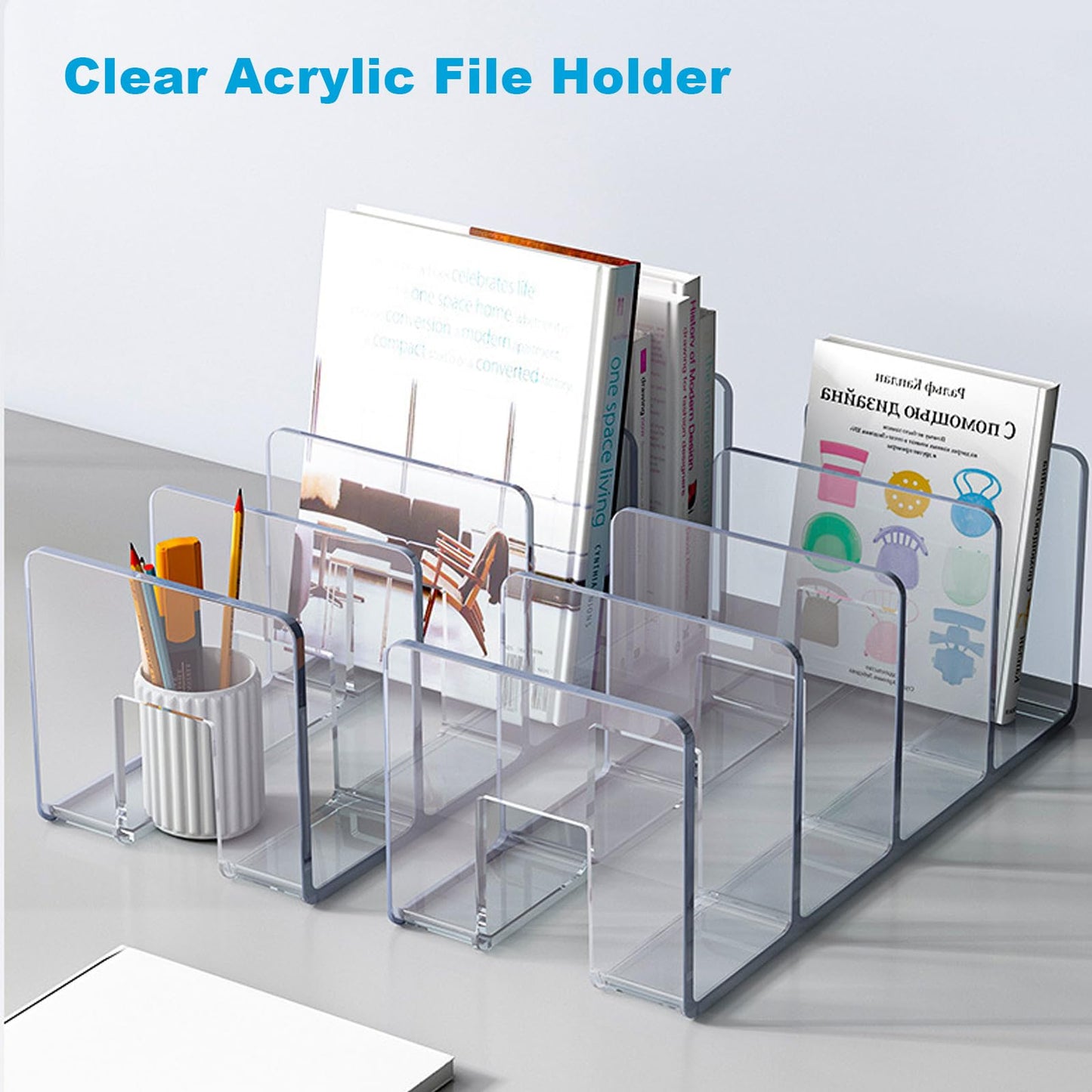 Marte Vanci Clear Acrylic File Sorter, Sturdy Desk File Organizer Shelf Book Holder Purse Handbag Clutch Divider File Folder Rack for Letter Cookbooks Home Office Kitchen Supplies 4 Sections (4 Pack)