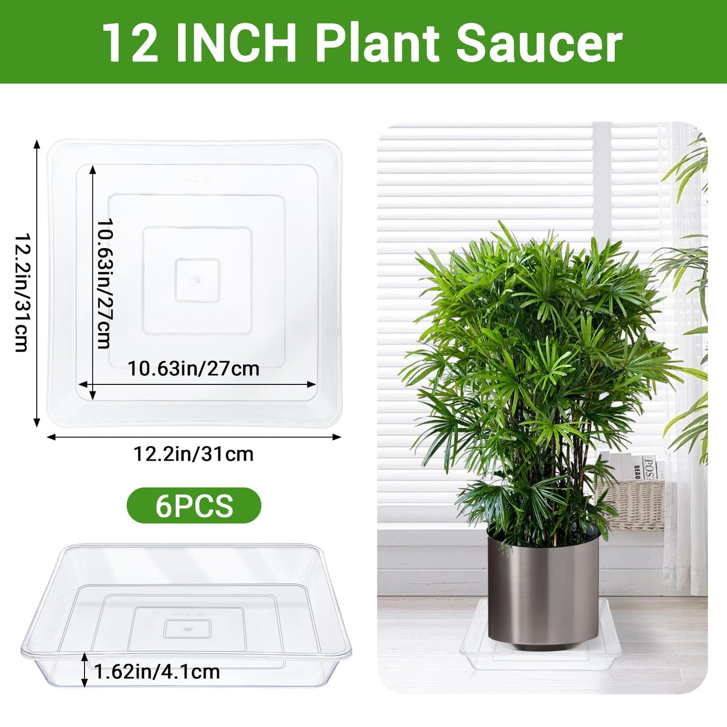Greaner Clear Plant Plates to Catch Water, 12 Inch Durable Thick Saucer for Flower Pot, Square Plant Saucer Plant Trays for Pots, Flower Pot Saucers to Catch Water Drip Tray(6 Packs)
