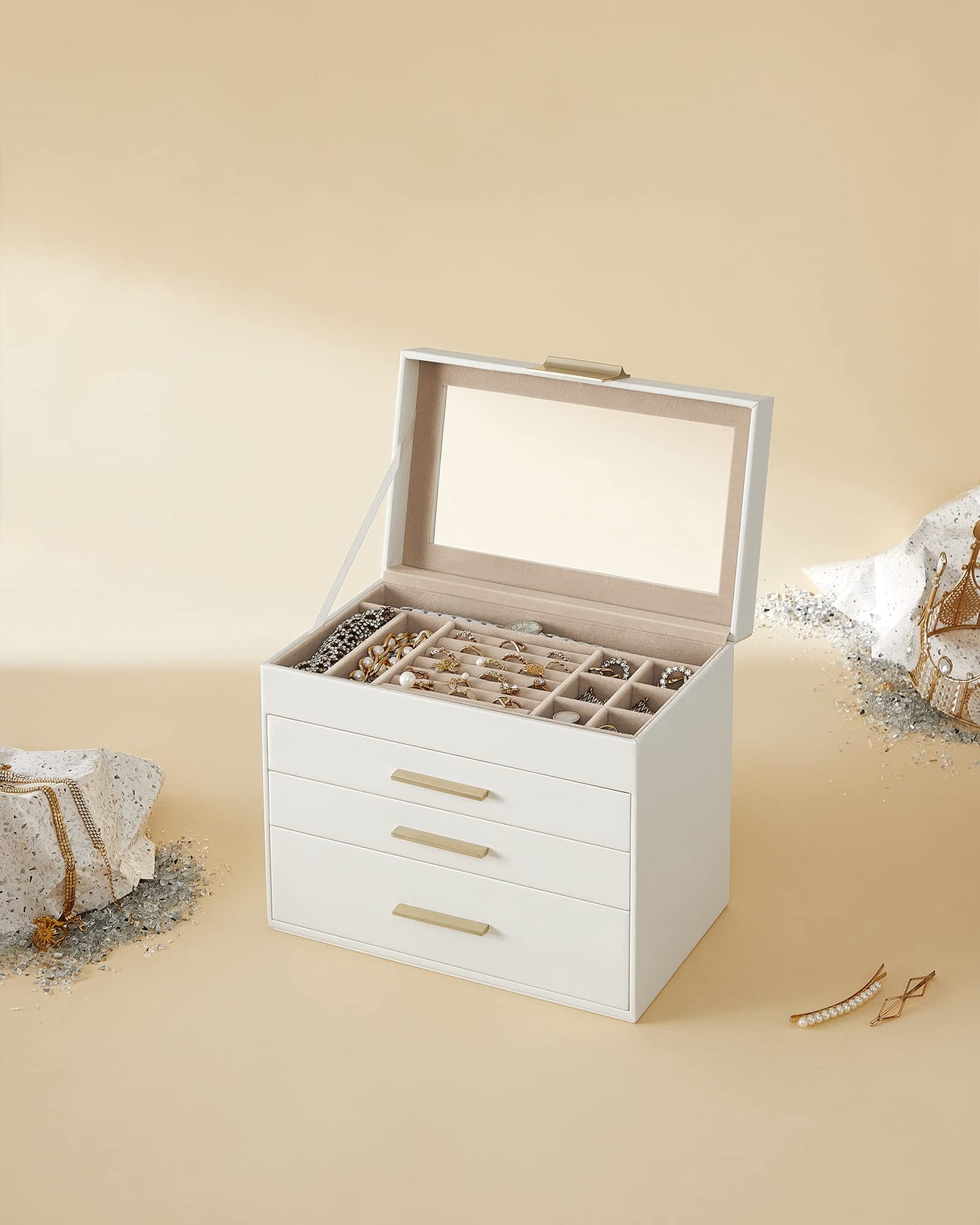 SONGMICS GISELLA Collection - Jewelry Box Organizer, 4-Layer Jewelry Storage with 3 Drawers, Shiny Metal Hardware, Glass Lid, Modern, 15.3 x 25.1 x 21.5 cm, Cloud White and Gold Color UJBC161W01