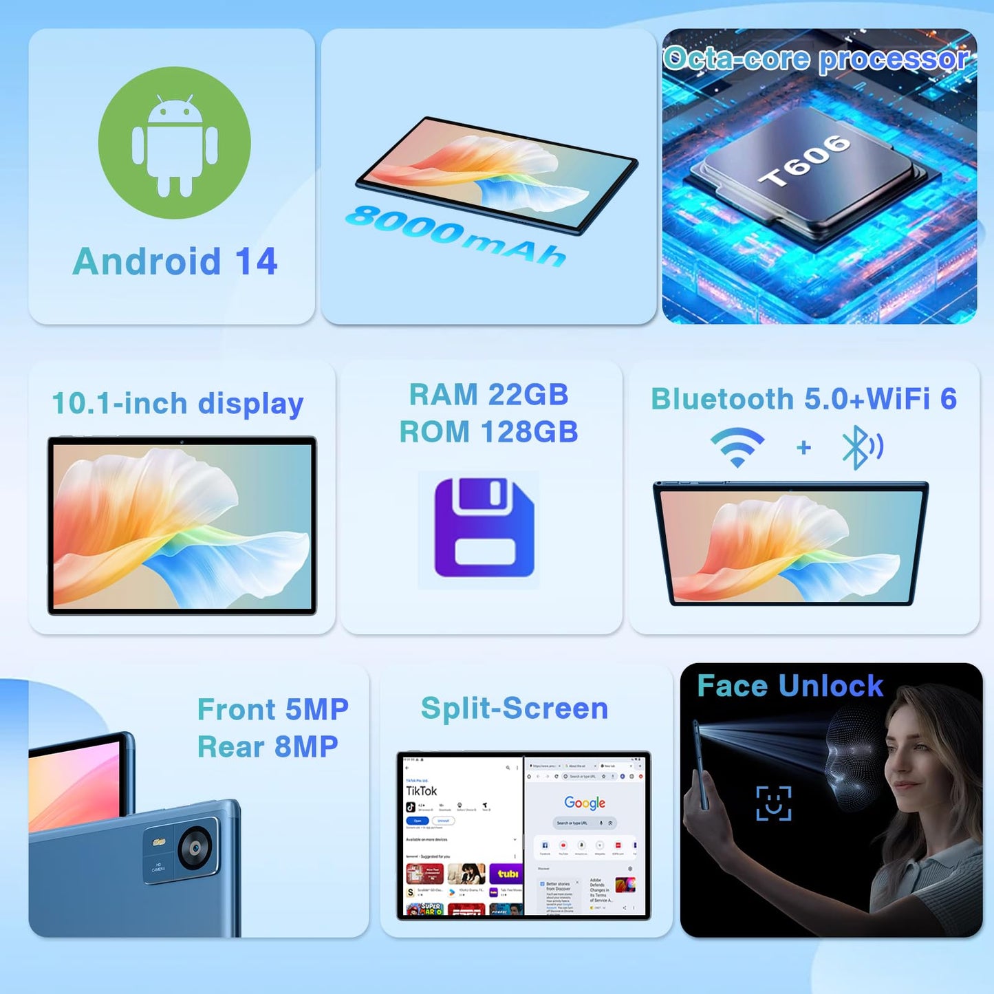 Android 14 Tablet 10.1 inch 22GB RAM 128GB ROM 1TB Expand, 8000mAh Tablets with Keyboard Mouse, Octa-Core, HD Touchscreen, 5G Wi-Fi, BT 5.0, GPS, Widevine L1, Split Screen, Face Unlock - Blue