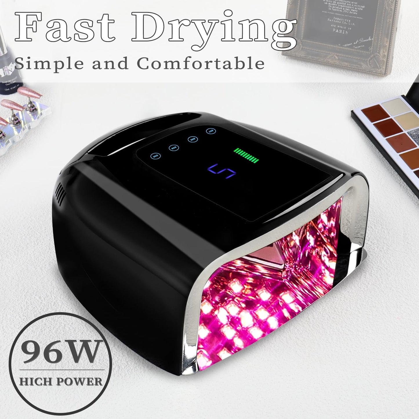 BOMOQING 96W Rechargeable UV Nail Lamp, Cordless UV Light for Nails with LCD Display Auto Sensor, 4 Timer Setting and Smart Sensor Portable Nail Dryer, Nail Curing Light with Removable Bottom (Black)