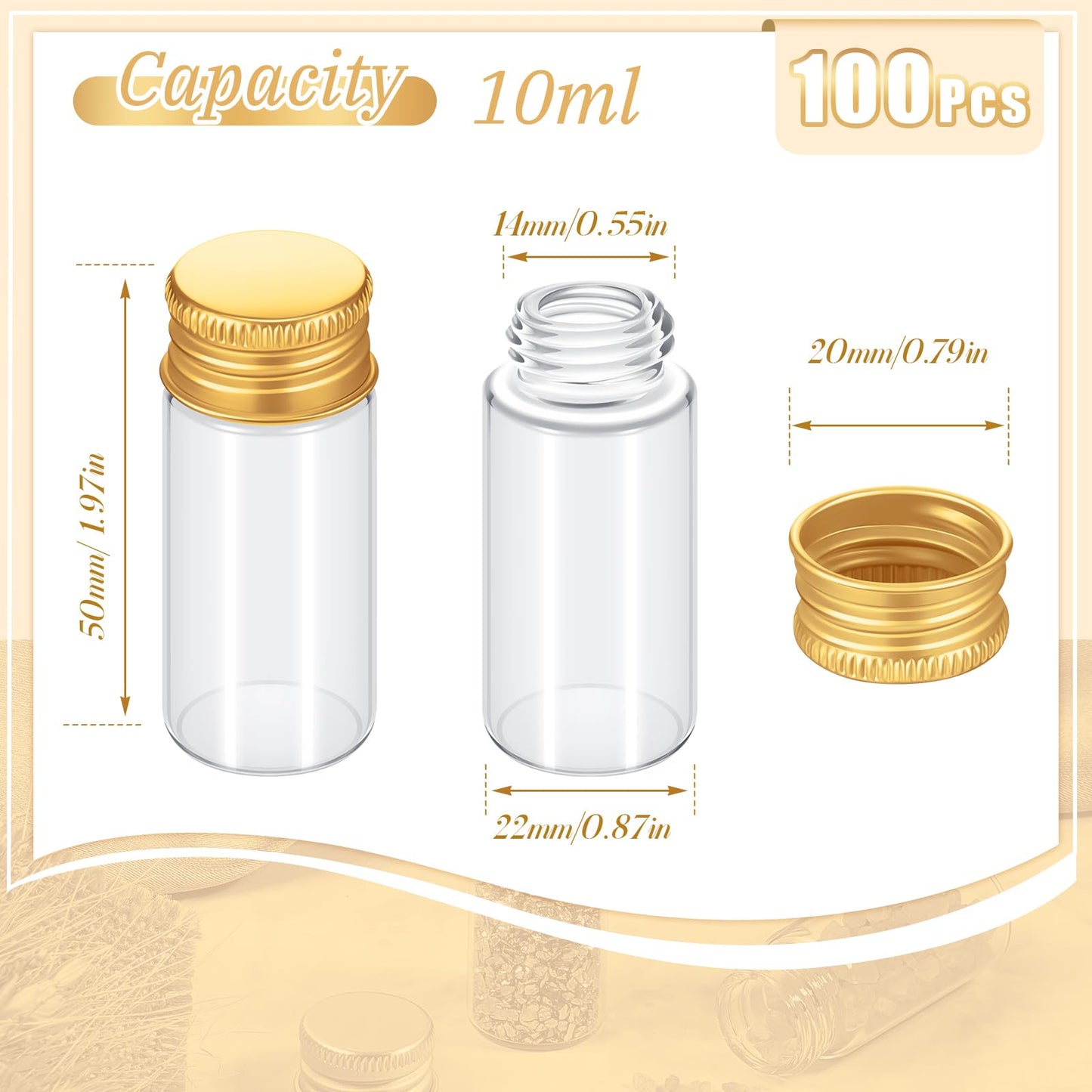 Didaey 100 Pcs Small Clear Vials Spice Mini Jars with Lids Mini Glass Bottles with Screw Aluminum Metal Caps Tiny Jars Sample Containers for Powder Cream Cosmetic Jewelry Wedding(10 ml,Gold Caps)