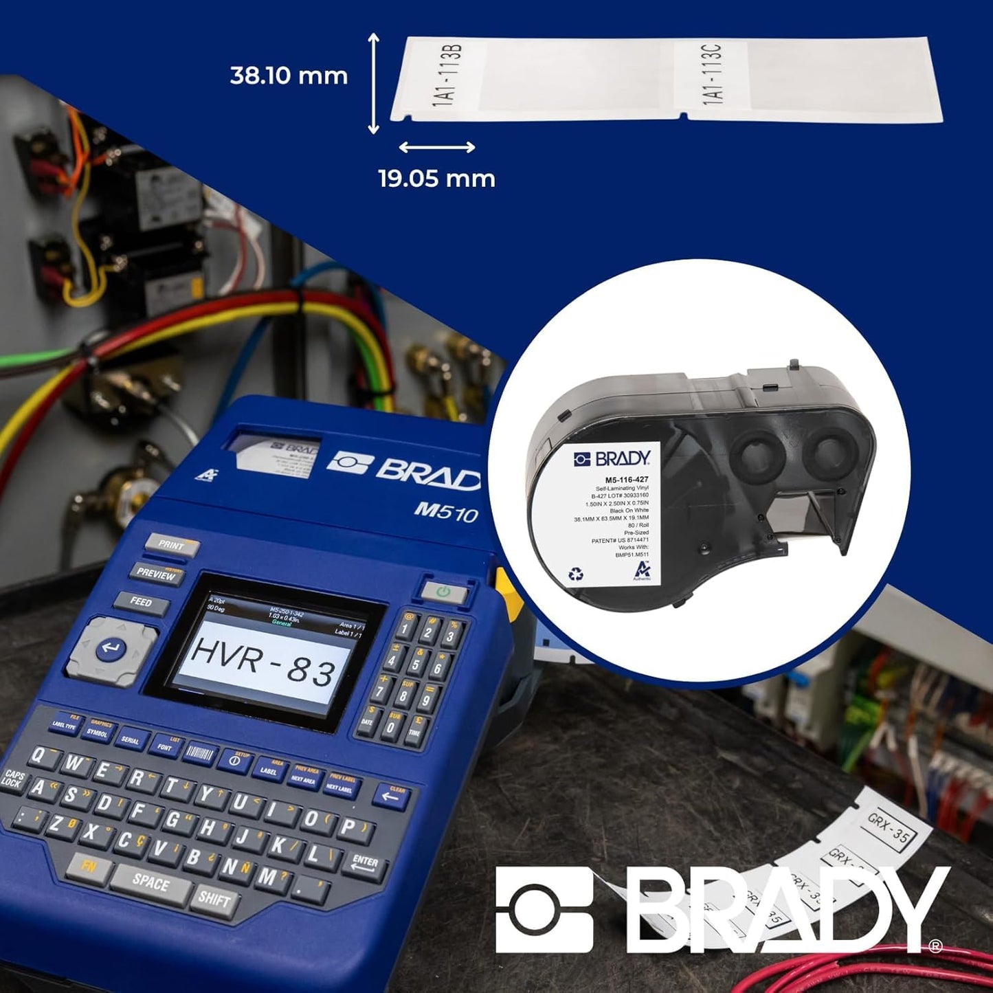 Brady Self-Laminating Vinyl Pre-Sized Labels for Label Printer BMP51/BMP53/M511-80 Self Adhesive Printer Labels - Black on White, Transparent (38,10 mm (W) x 63,50 mm (H)) - M5-116-427