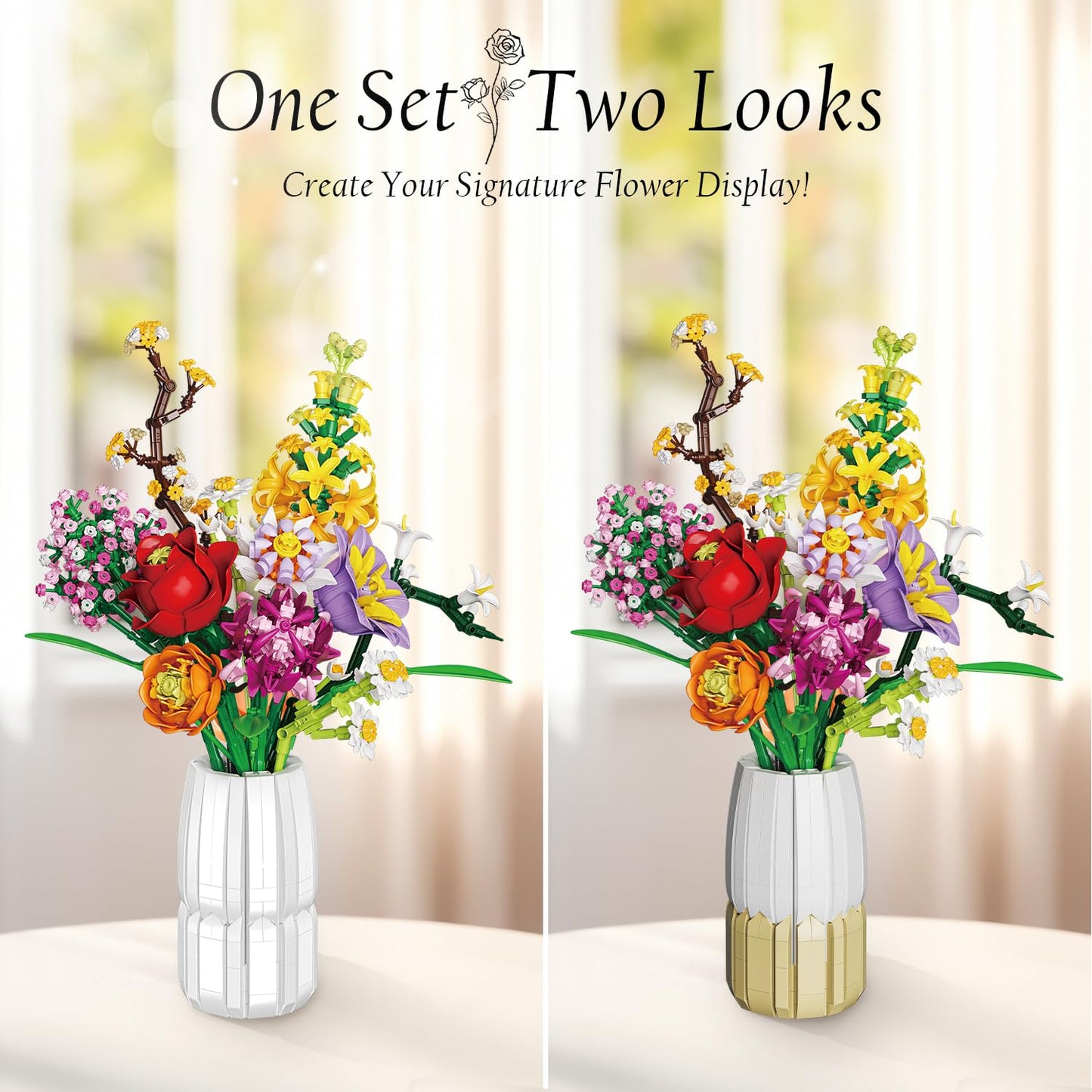 2 in 1 Vase Flowers Bouquet Building Set, Artificial Flowers Bouquet Sets for Adults & Women, Comptatible with Lego Flower Bouquets Botanicals Collection, 1458 PCS
