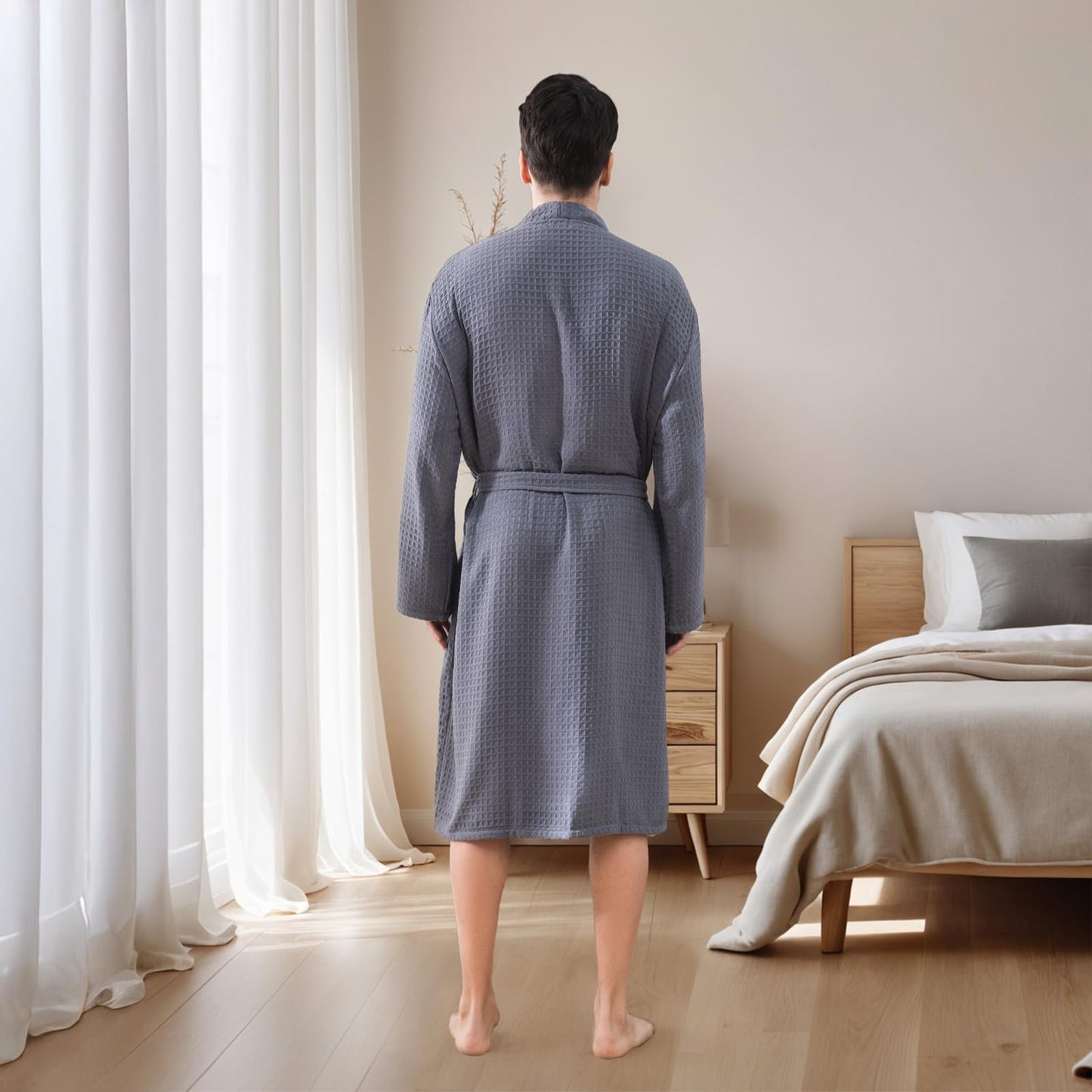 Mens Robes All-Season Waffle Lightweight Spa Knit Shawl Bathrobe Soft Knee Length Sleepwear