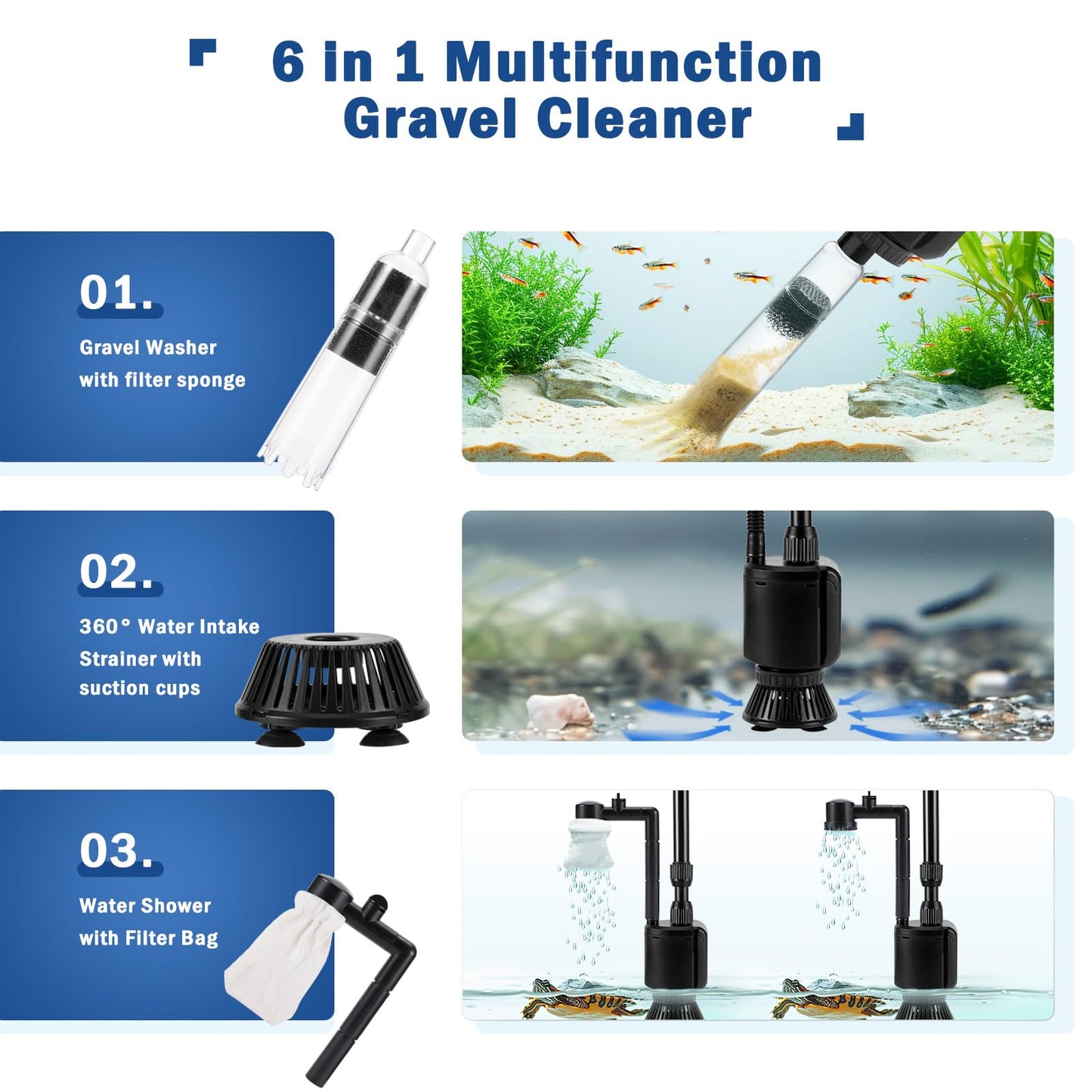 AQQA Aquarium Gravel Cleaner Siphon Kit,6 in 1 Electric Automatic Removable Vacuum Water Changer,Multifunction Wash Sand Suck The Stool Filter 110V/ 20W 320GPH (20W 320GPH)