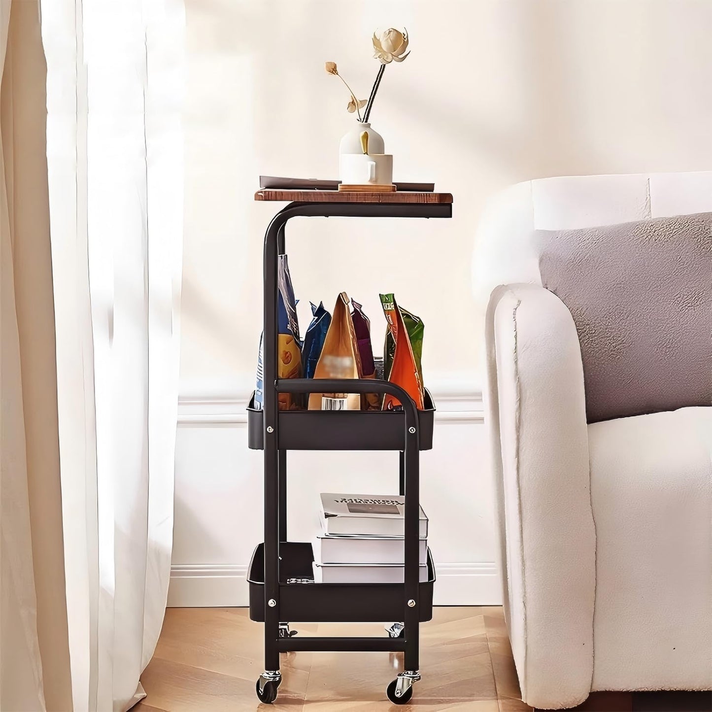 3 Tier Metal Rolling Utility Cart Functional Storage Trolley with Wooden Tabletop Mesh Baskets Wheels Organizer for Office Living Room Kitchen Bathroom Garage Tray Side Stand End Sofa Table (Black)