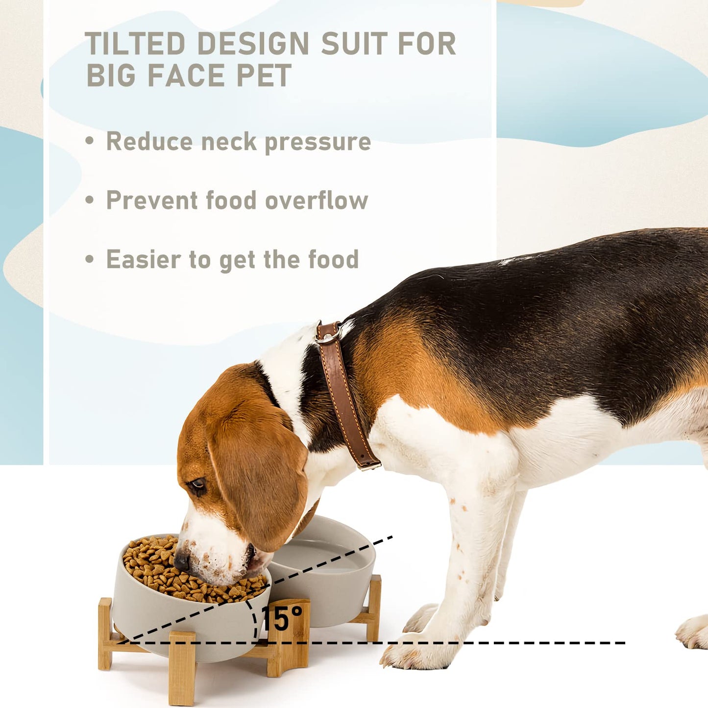 15° Slanted Ceramic Dog and Cat Bowl with Wooden Stand, Tilted Bulldog Food and Water Bowl No Slip Non-Spill for Cats Medium Dogs Big Face Pets 28.7 OZ (3.6 Cups)