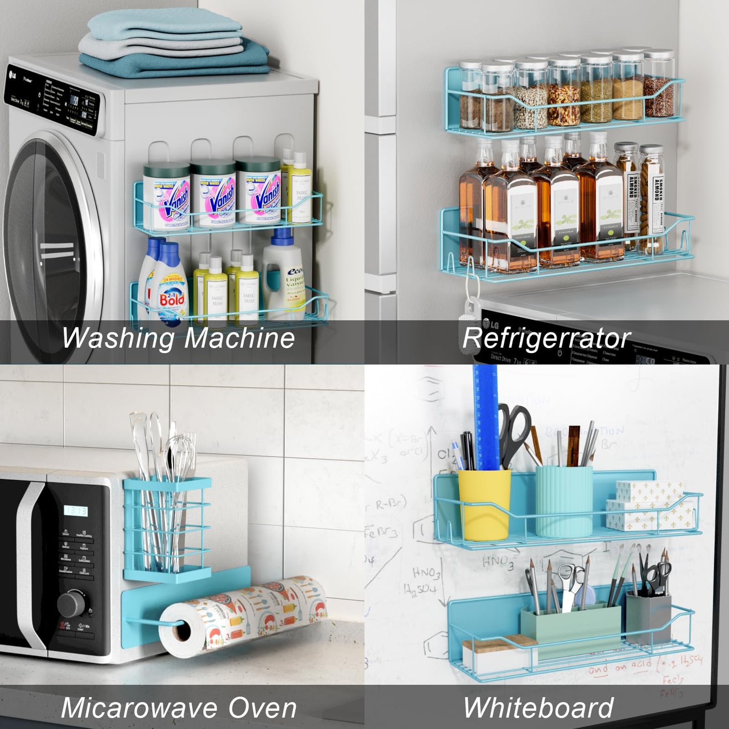 Magnetic Spice Rack for Refrigerator,8 Pack Magnetic Fridge Shelf, Moveable Spice Organizer with Hook Rack, Paper Towel Holder, Utensil Holder,cup lid holder, Super Magnetic Rack Set (Blue)