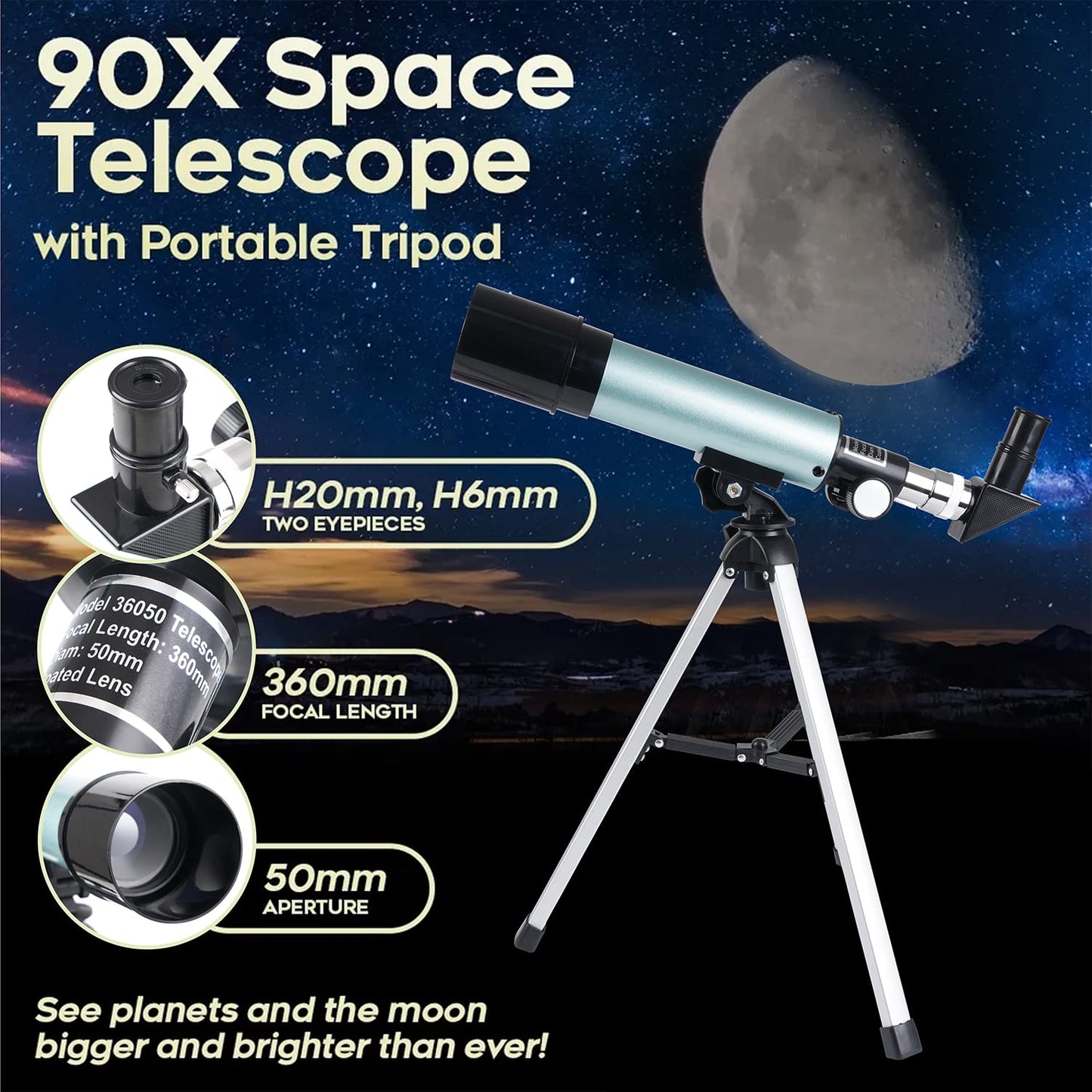Mijiaowatch Telescopes for Kids, 50mm Aperture 360mm Astronomical Telescope 90X Zoom HD Outdoor Monocular Space Telescope Portable Refractor Spotting Scope with Tripod for Kid/Adult/Beginner (50mm)