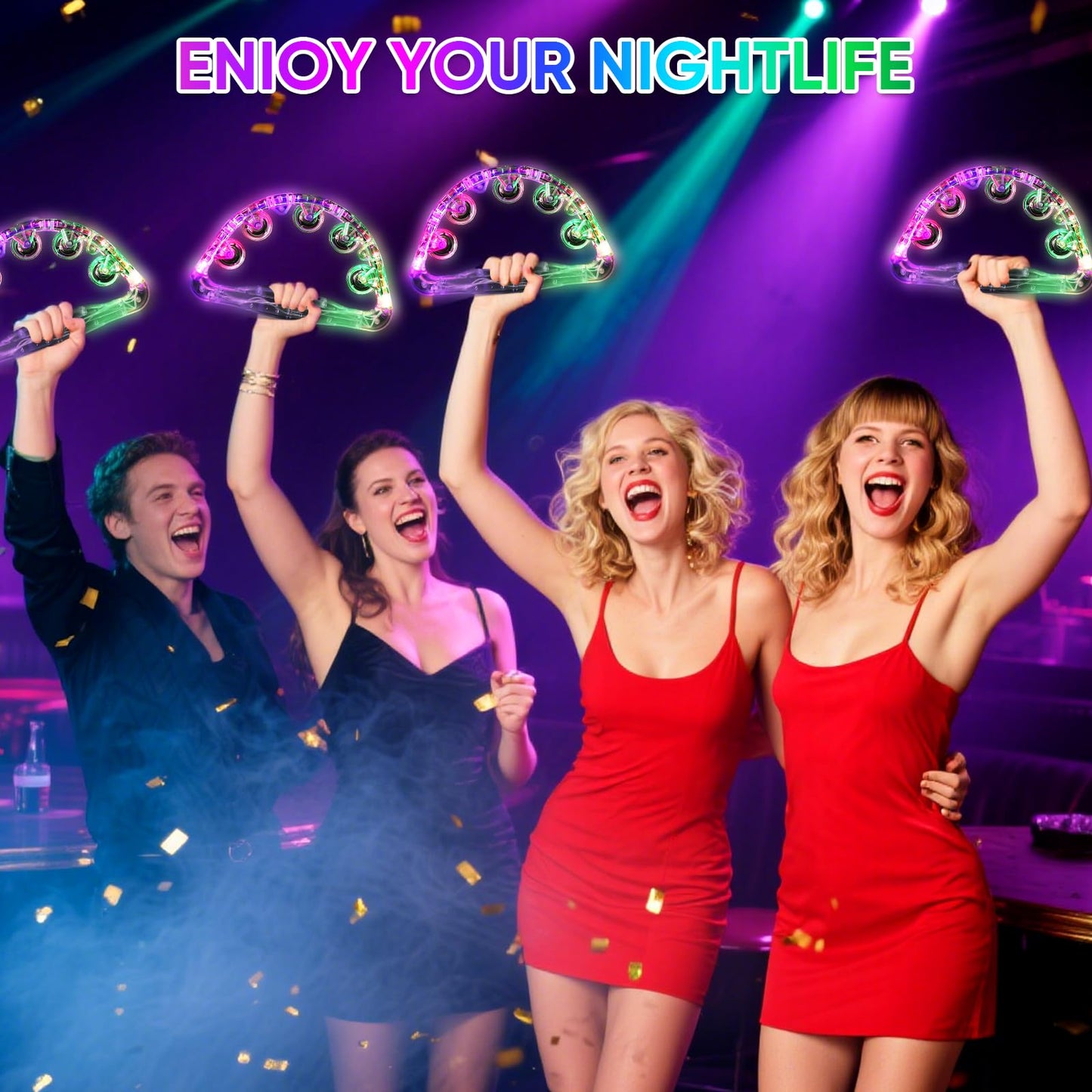 LED Light Up Musical Tambourines: Glow In The Dark Party Supplies Handheld Musical Flashing Tambourine - Led Tambourines Percussion Instruments for Bar Wedding Dance Floor Christmas (White 4pcs)