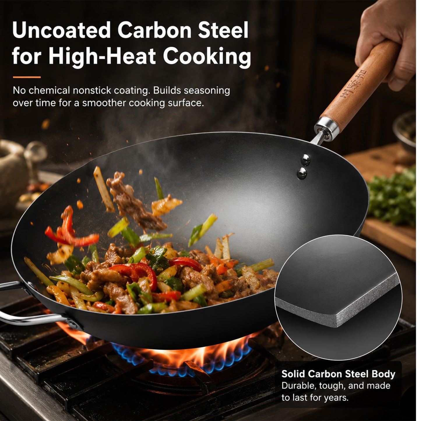 WANGYUANJI Carbon Steel Wok Pan, 12.6" Woks & Stir-Fry Pans with Glass Lid No Chemical Coated Flat Bottom Iron Wok for Induction, Electric, Gas, Halogen All Stoves