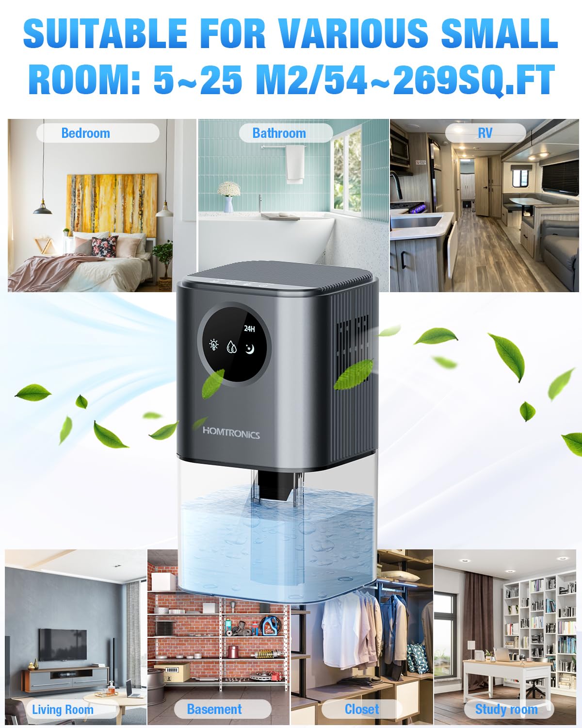 Homtronics 60 OZ Small Dehumidifiers for Home, with 7 Color LED Light, 8/12/24H Timer, 44dB Ultra-Quiet, Energy Saving Small Dehumidifier for Bedroom, Living Room, Office