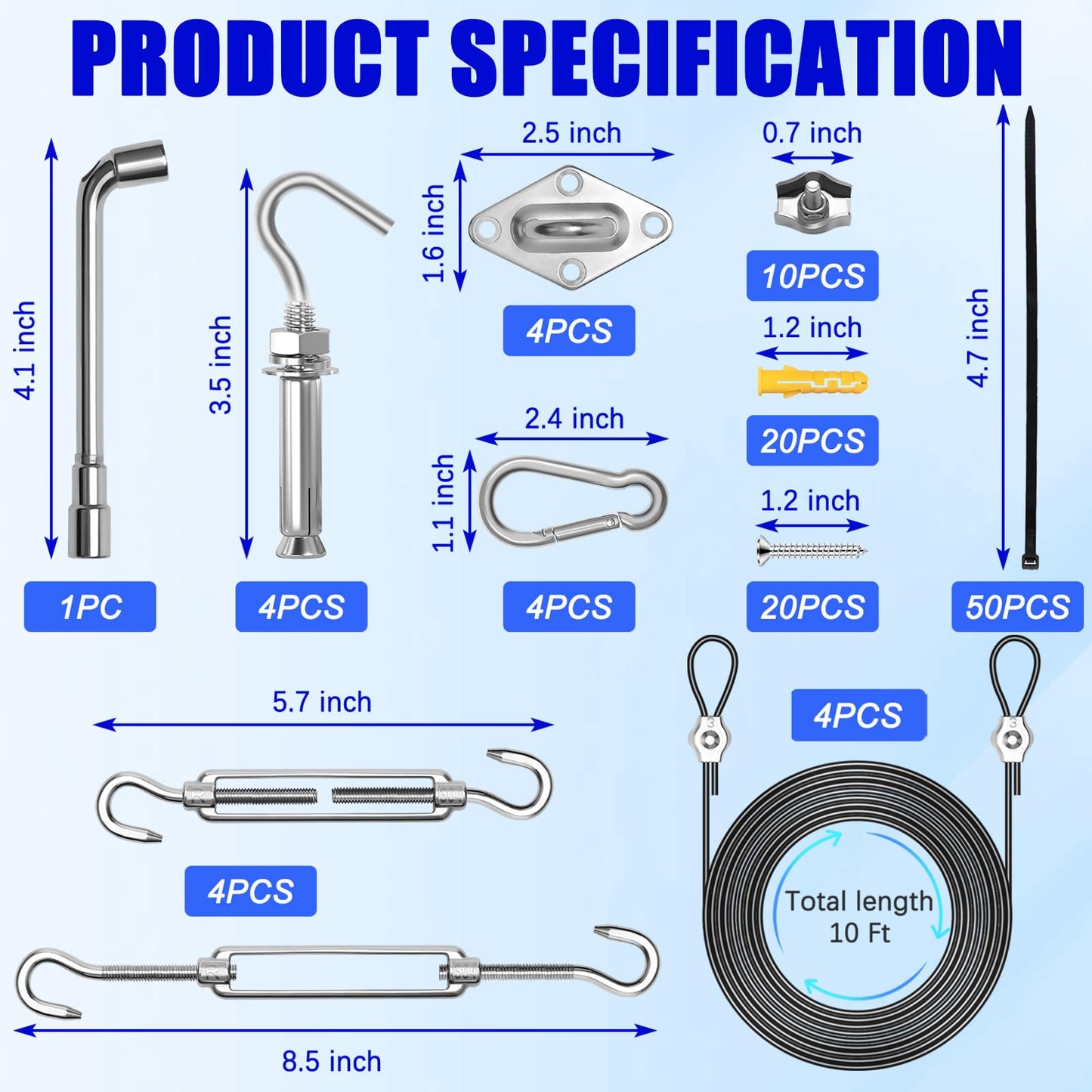 121PCS Sun Shade Sail Hardware Kit, Includes 4pcs 10ft Nylon Coated Cable Wire, 304 Stainless Steel Sun Shade Sail Installation Kit for Triangle Rectangle Shade Canopy for Outdoor Patio