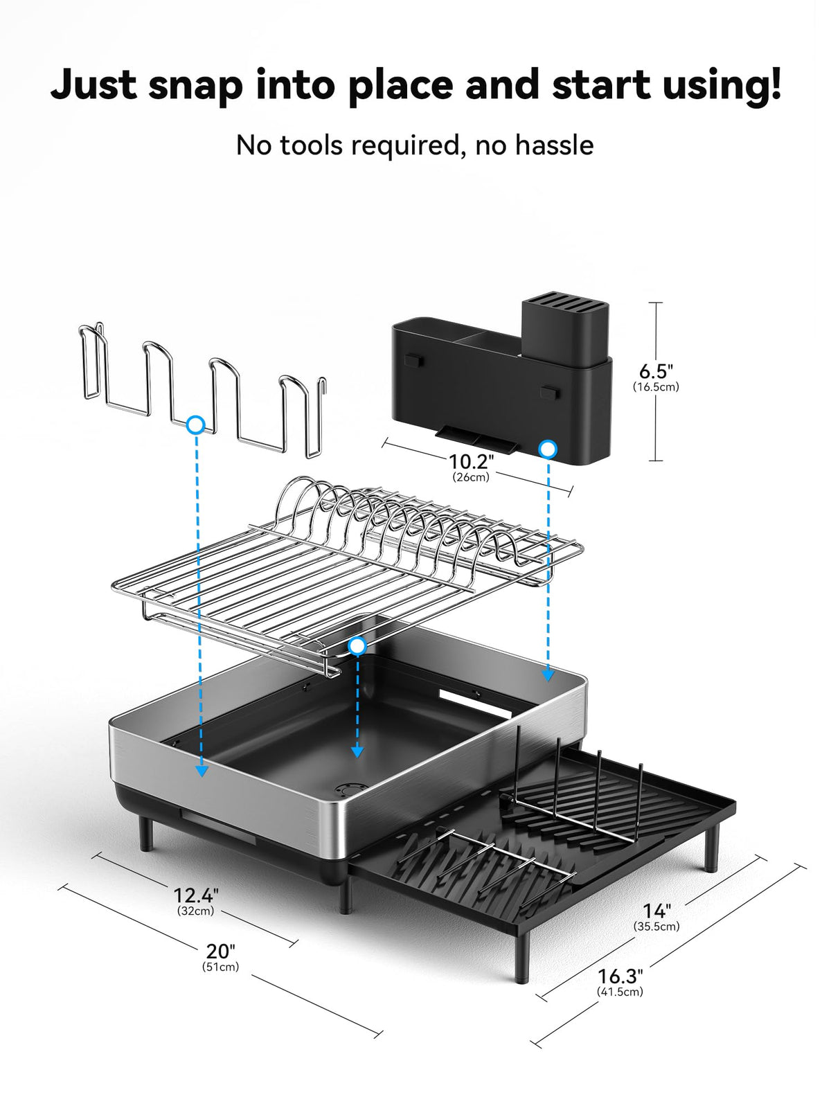 SUNLY Large Dish Drying Rack, for Kitchen Counter, Space Saving 304 Stainless Steel Dish Racks with Drain Board, Extra Large Dish Drainer with Multifunctional Flip Up Pegs, Black
