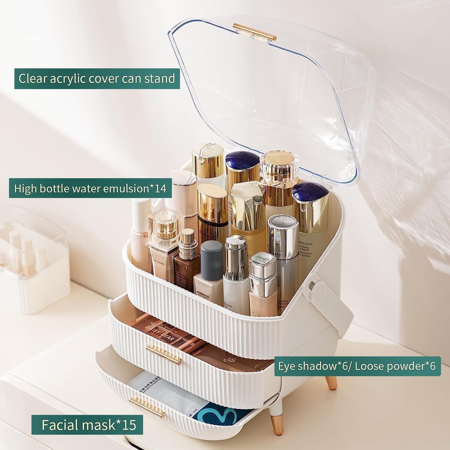 Makeup Organizer Storage Box, Cosmetics Display Case with Transparent Cover, Dust Waterproof Cosmetics Storage Box Suitable for Bathroom Countertop and Bedroom Vanity Dresser (White)