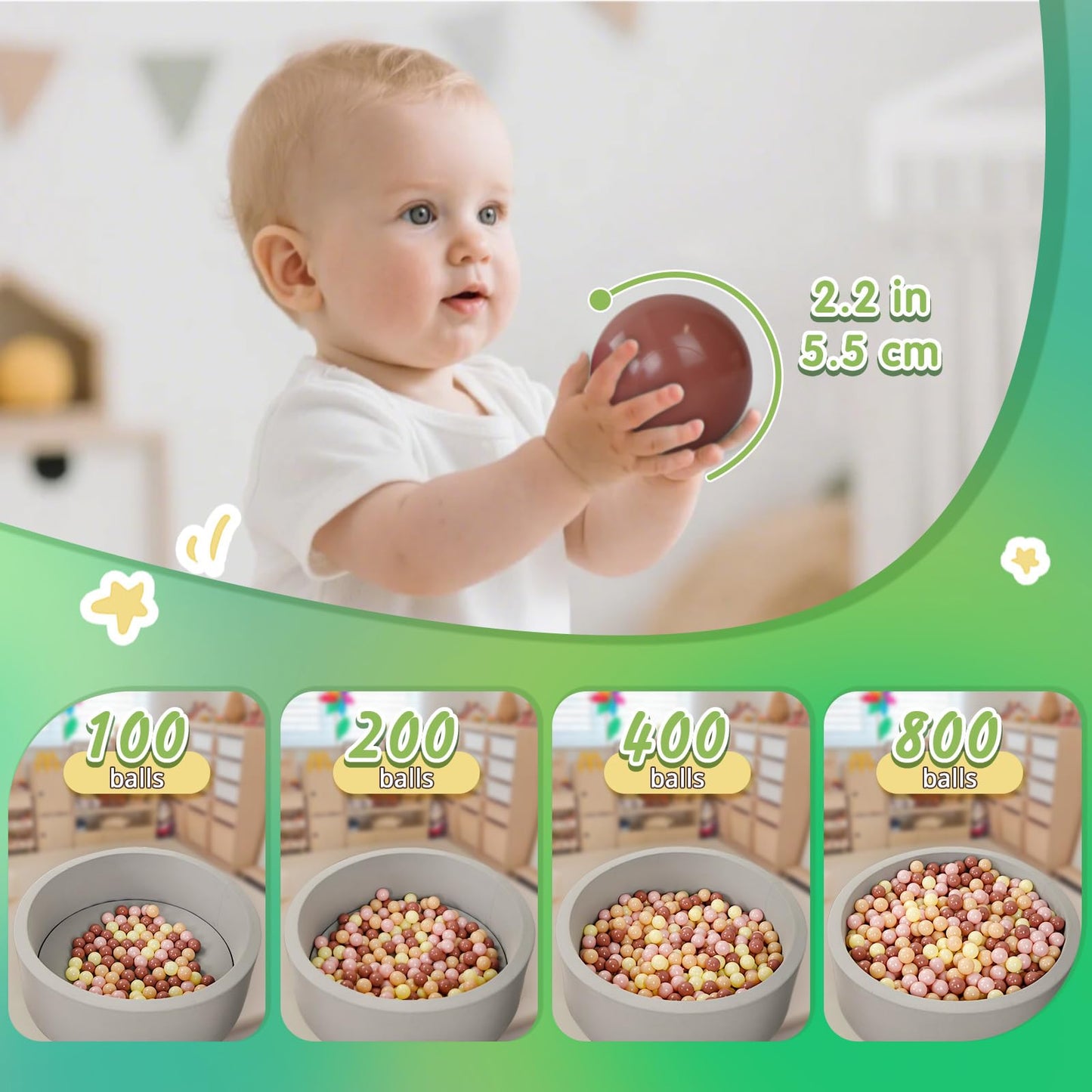 Balls for Ball Pit, 2.4 in, 100 BPA Free Phthalate Free Non-Toxic Play Plastic Balls for Toddlers Baby Kids Party Tent Party, Green+ Blue+ White