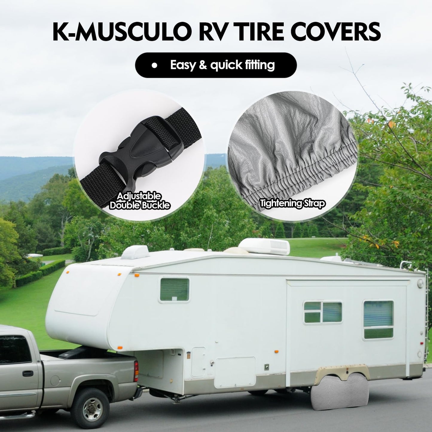 K-Musculo RV Tire Covers, Dual Axle Wheel Cover Heavy-Duty Leather, 2 Pack RV Wheel Cover Fits 30"-32" Dia Tires Double Buckles, Suitable for, RV, Truck, Trailer, Universal for All Seasons.(Grey)