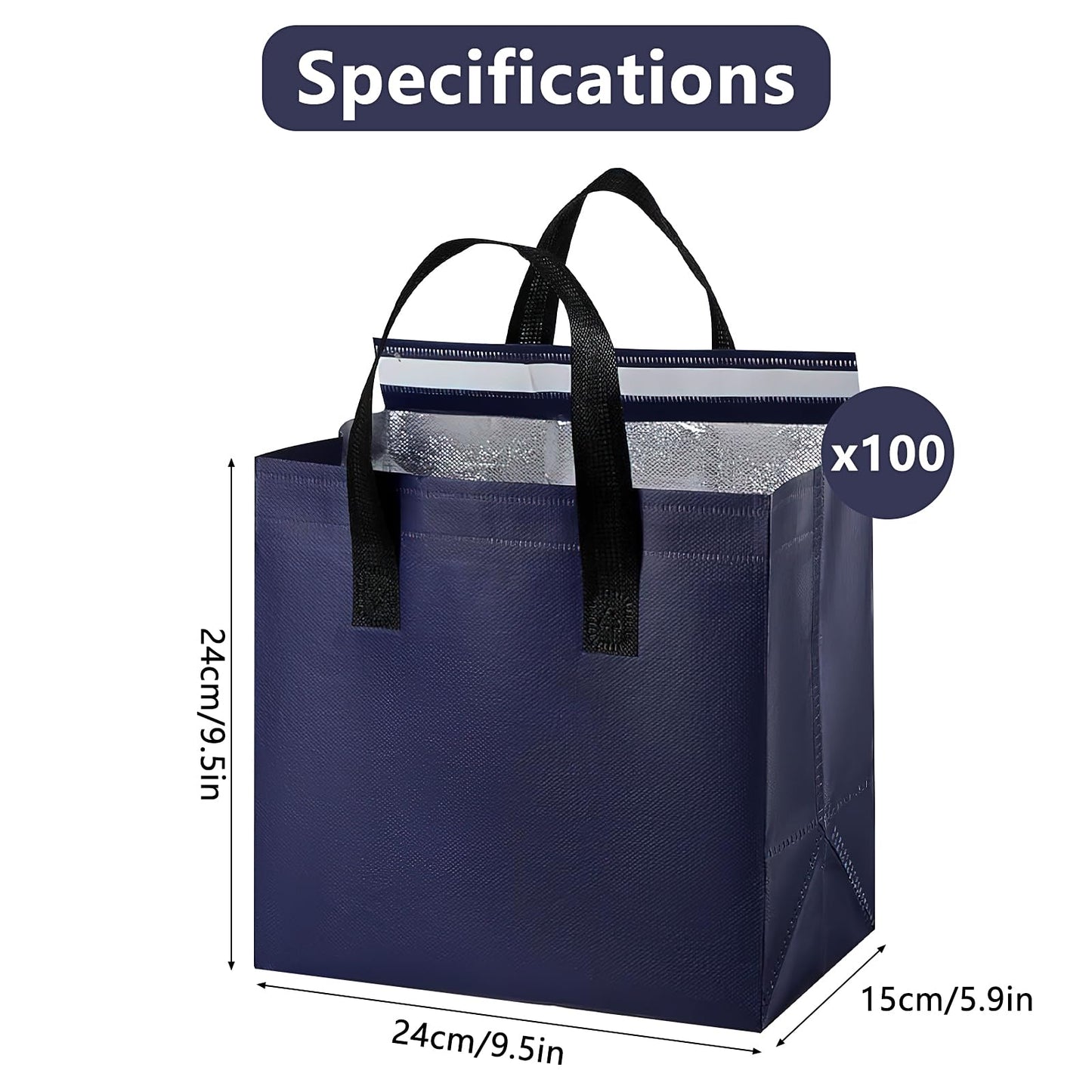 100 Pcs Take Away Bags Insulated Bags, Thermal Reusable Shopping Bags Bulk, Cooler Tote Bag for Food Delivery Cold and Hot Food Restaurant Grocery Picnic (9.5 x 6 x 9.5 in)