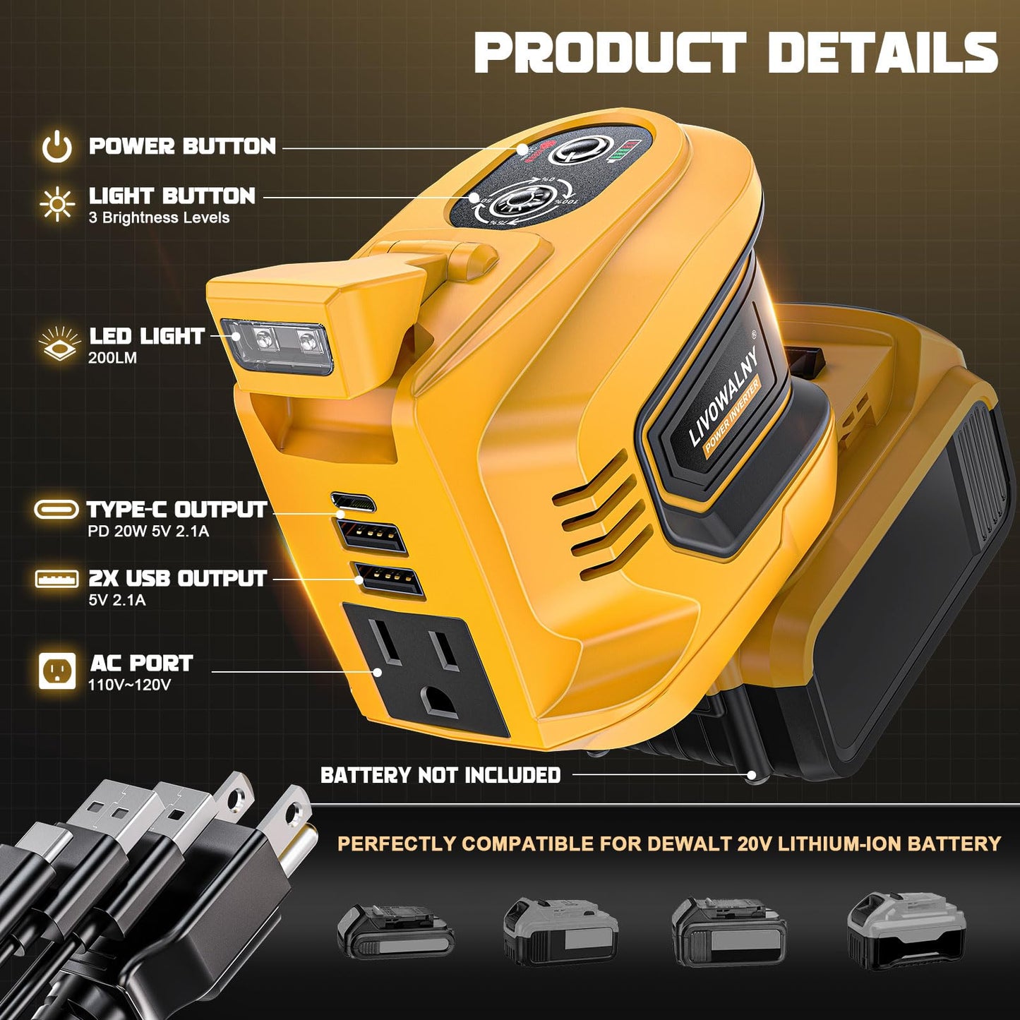 LIVOWALNY 2 Packs Power Inverter Compatible with Dewalt 20V Battery, 200W Inverter 20V to 110V-120V, Portable Adapter Charger Adapter Power Supply with 2 USB & 1 Type-C & 1 AC(No Battery)