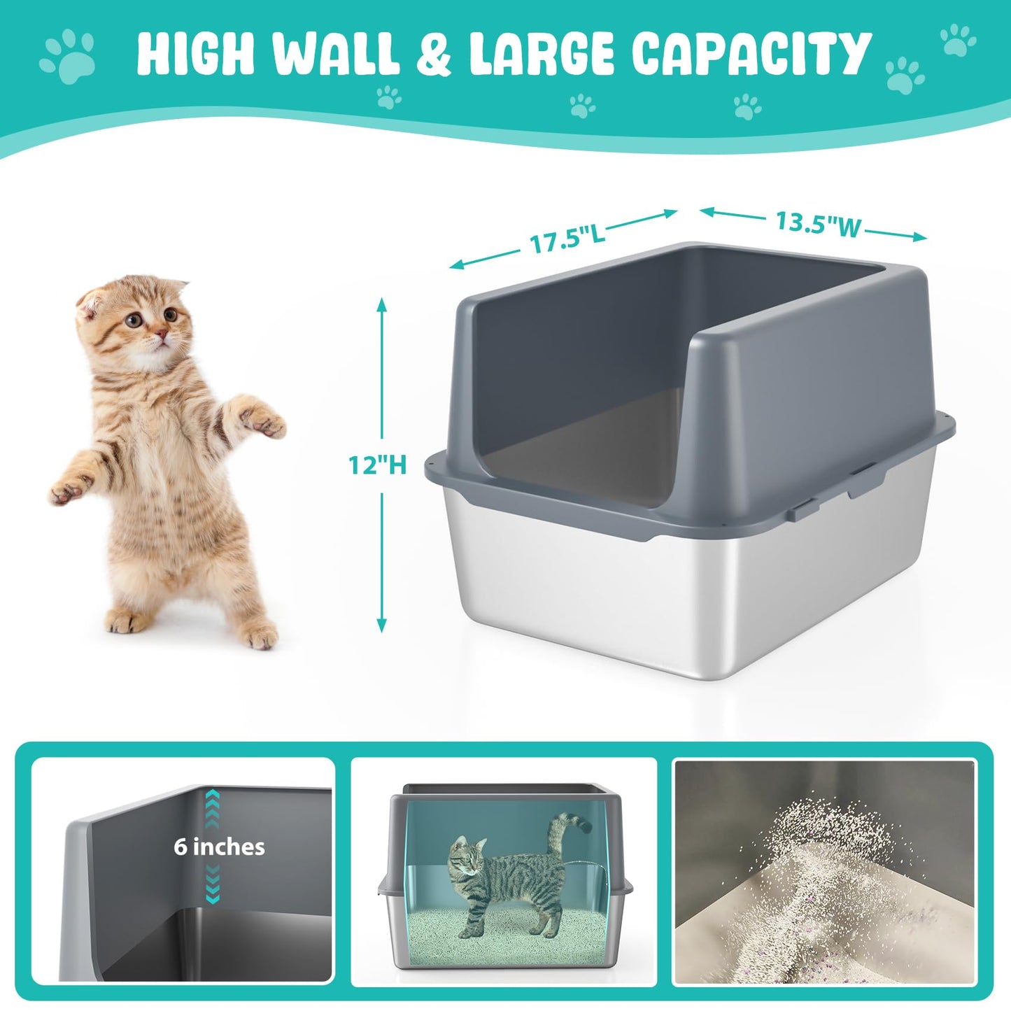 LIHOOOOM Stainless Steel Cat Litter Box,High Sided Enclosed Cat Litter Box Anti-Leakage,Non-Stick Litter Box with Lid,17.5" L x 13.5" W x 12" H(Grey)