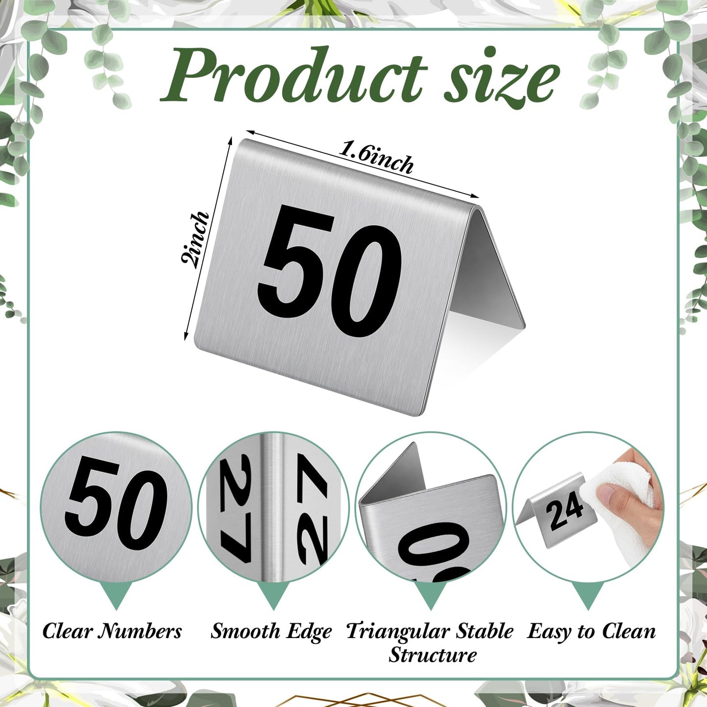 Wenqik 50 Pcs Stainless Steel 1-50 Table Numbers Tent 2 x 1.6 Inches Style Restaurants Table Number Card Tent Cards for Cafes Bars Party Banquets Food Service Wedding Evidence Markers Supplies