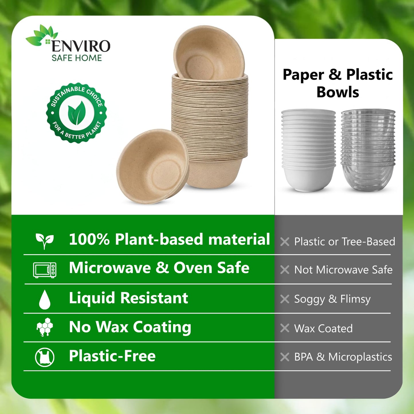 Enviro Safe Home 10 Oz Bamboo Disposable Bowls For Hot Soup, 100 Pack - Small, Heavy Duty, Microwavable, Oven Safe - Perfect for Hot Food, Meals, Acai & More - Eco-Friendly, Leak-Proof