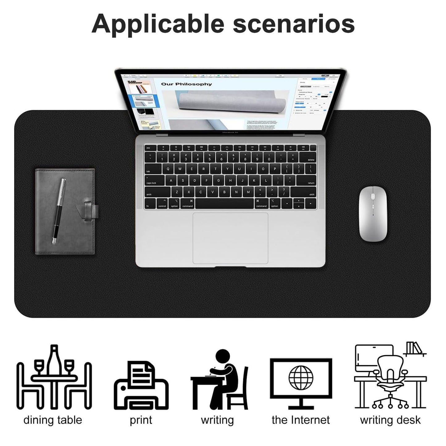CHKDSK Double-Side Desk Mat,47.24''×23.62'',PU Leather Large Mouse Pad Protector for Table,Easy Clean Desk Mat Computer Keyboard Mat for Office (Black+Black)