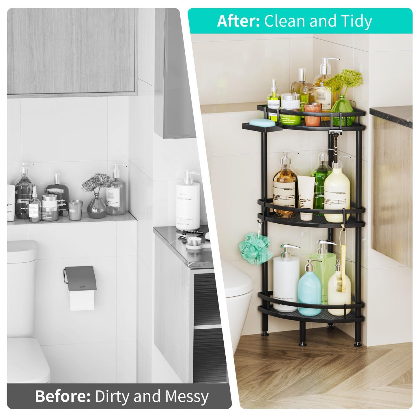HapiRm Standing Shower Caddy Corner - 3 Tier Corner Shower Shelves with Soap Holder and 4 Hooks, Rustproof Shower Organizer Corner with Adhesives, Black