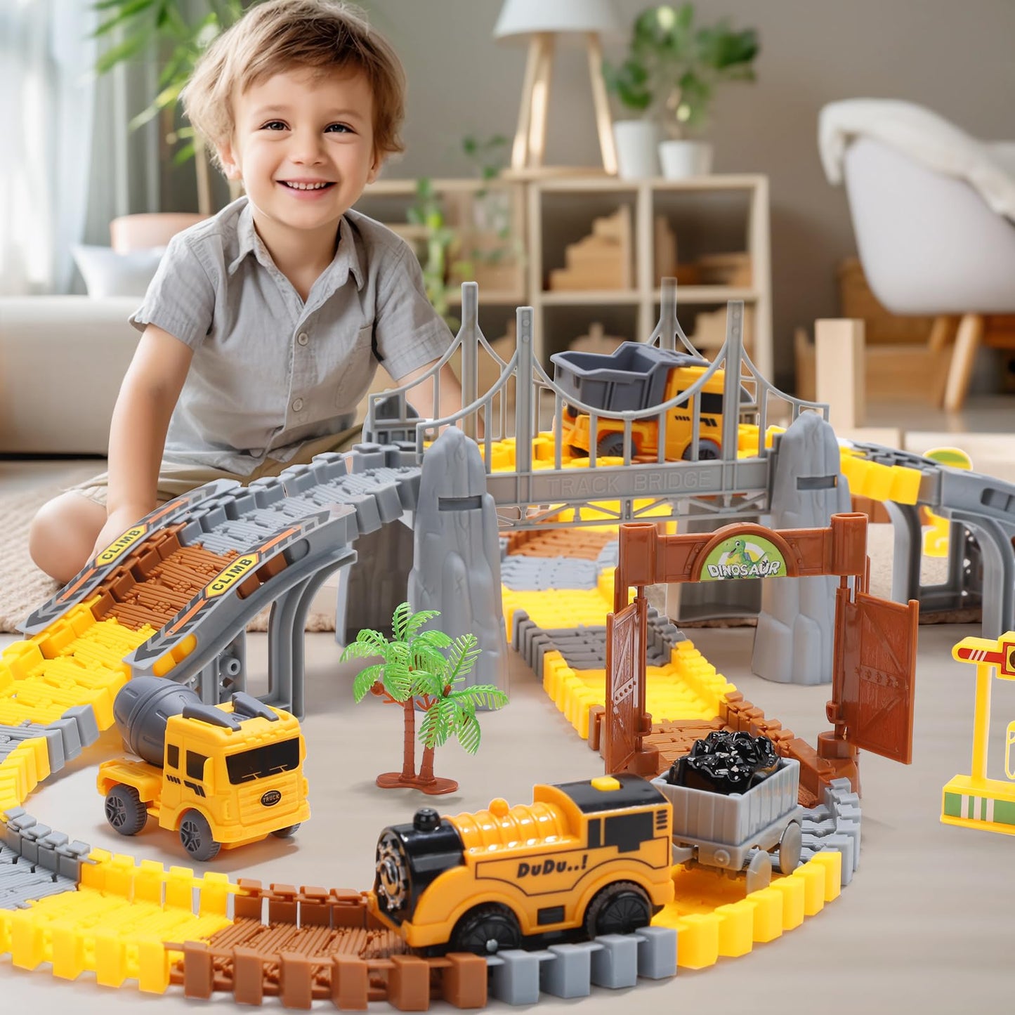 Construction Toys Race Track Set 178 PCS for Kids, Flexible Train Tracks with 1 Electric Train, Excavator,Cement Truck,Loading Truck Engineering Vehicle Playset,Gifts for 3 4 5 6 Year Old Boys Girls