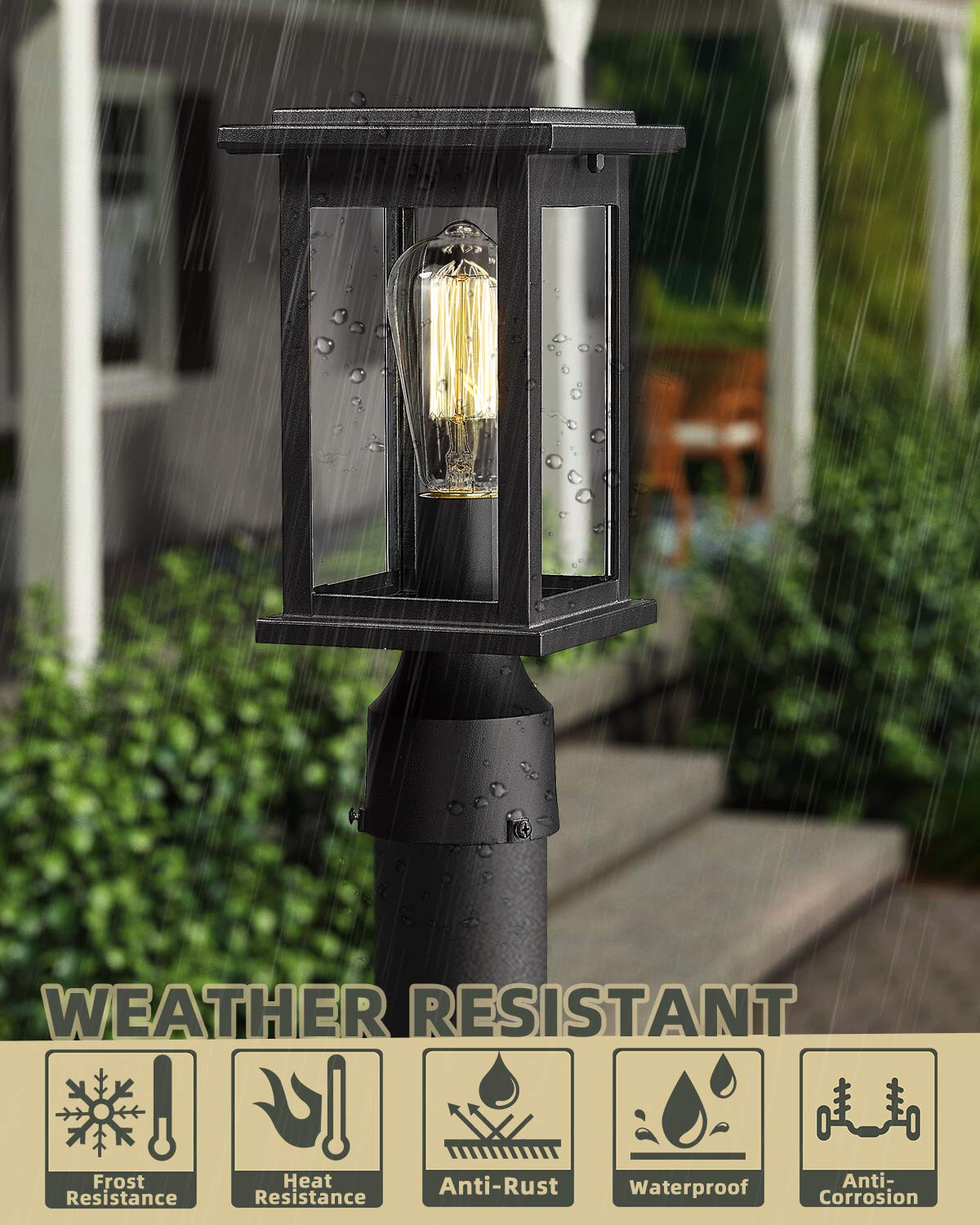 Outdoor Post Light Fixtures, HWH Exterior Pillar Lantern Pole Lamp in Matte Black Finish with Clear Glass Shade, 5HD37P BK