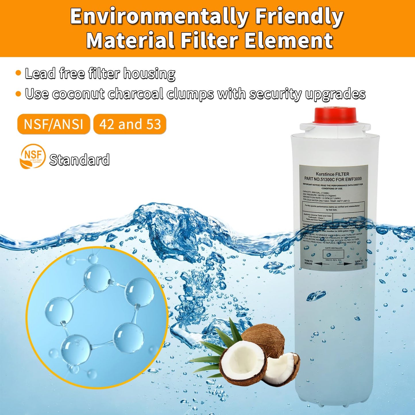 51300C Filters, Replacement for Elkay EWF3000 51300C Filter By NSF/ANSI 42 Certified, Compatible With Ezh2o Filter Replacement Bottle Stations, 3000 Gallon High Capacity (1)