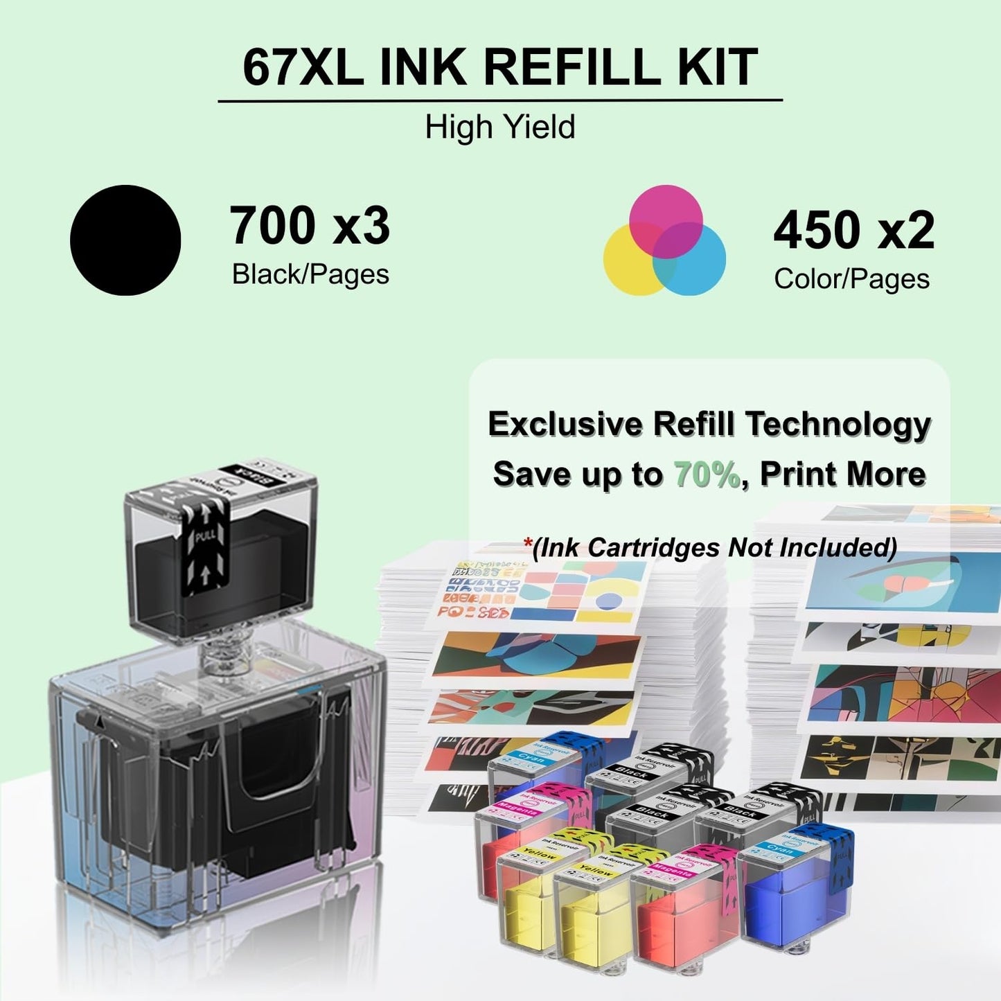 67XL Ink Refill Kit for HP 67 XL Ink Cartridges Compatible for HP 67 Black Color Combo Pack Works with Deskjet 2855e 2755e 2700 4155 Envy 6000 6055e 6400 6455e Cartridges, 9 Pack (3BK/2C/2M/2Y)