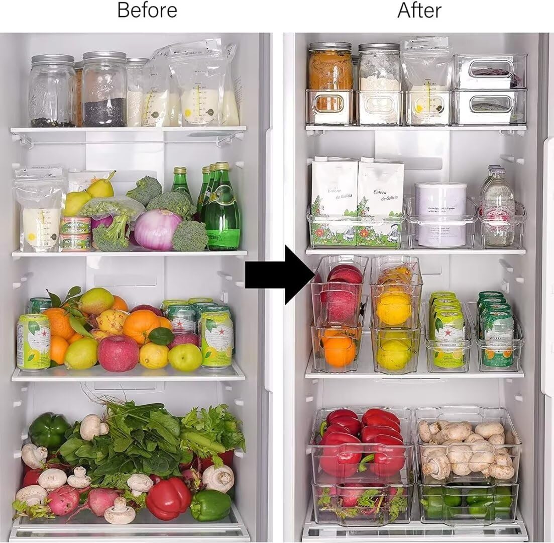 8 Pcs Plastic Storage Bins for Freezer, Pantry, Countertop, Cabinet Organization, Stackable Food Storage Organizer with Handles, BPA Free, 10 x 6 x 3 Inch, 10 x 4 x 3 Inch